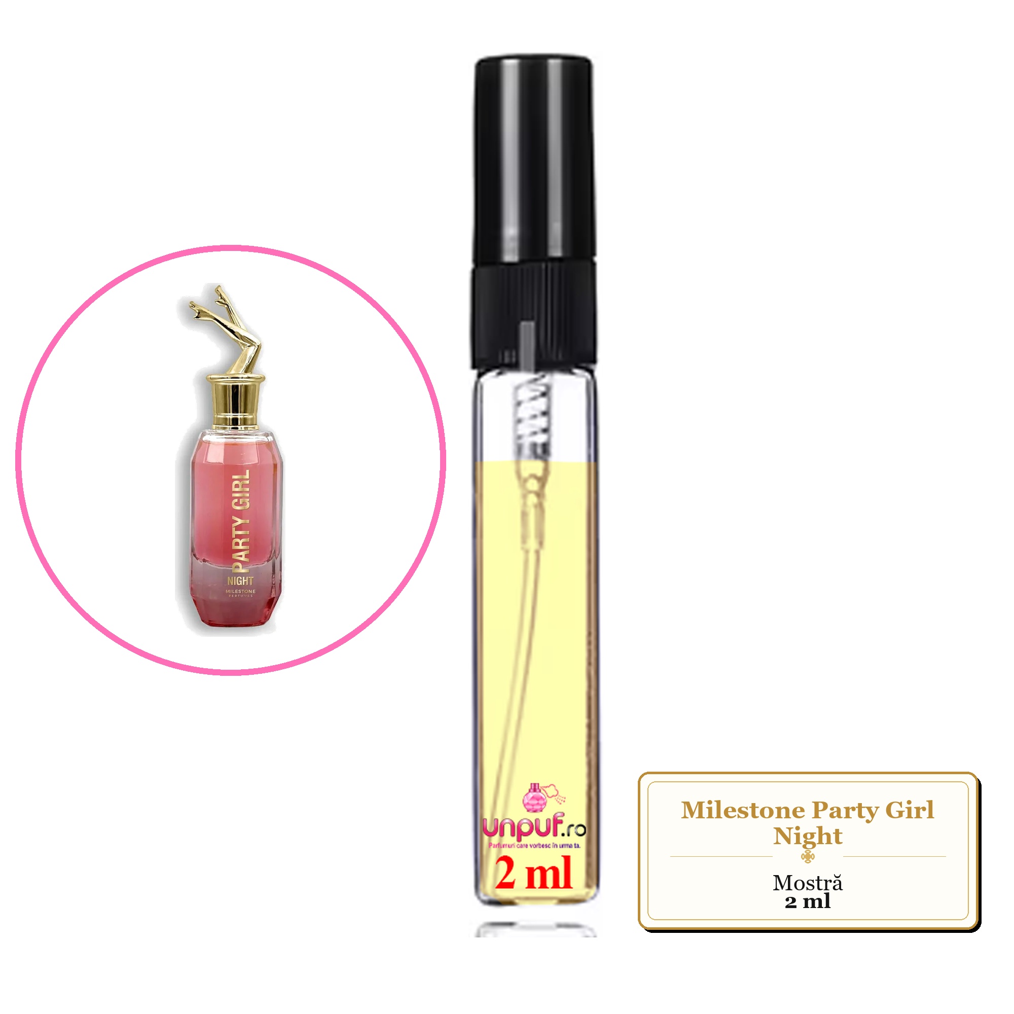 Mostra fiola din Parfumul Milestone Party Girl Night, decant sticla cu pulverizator