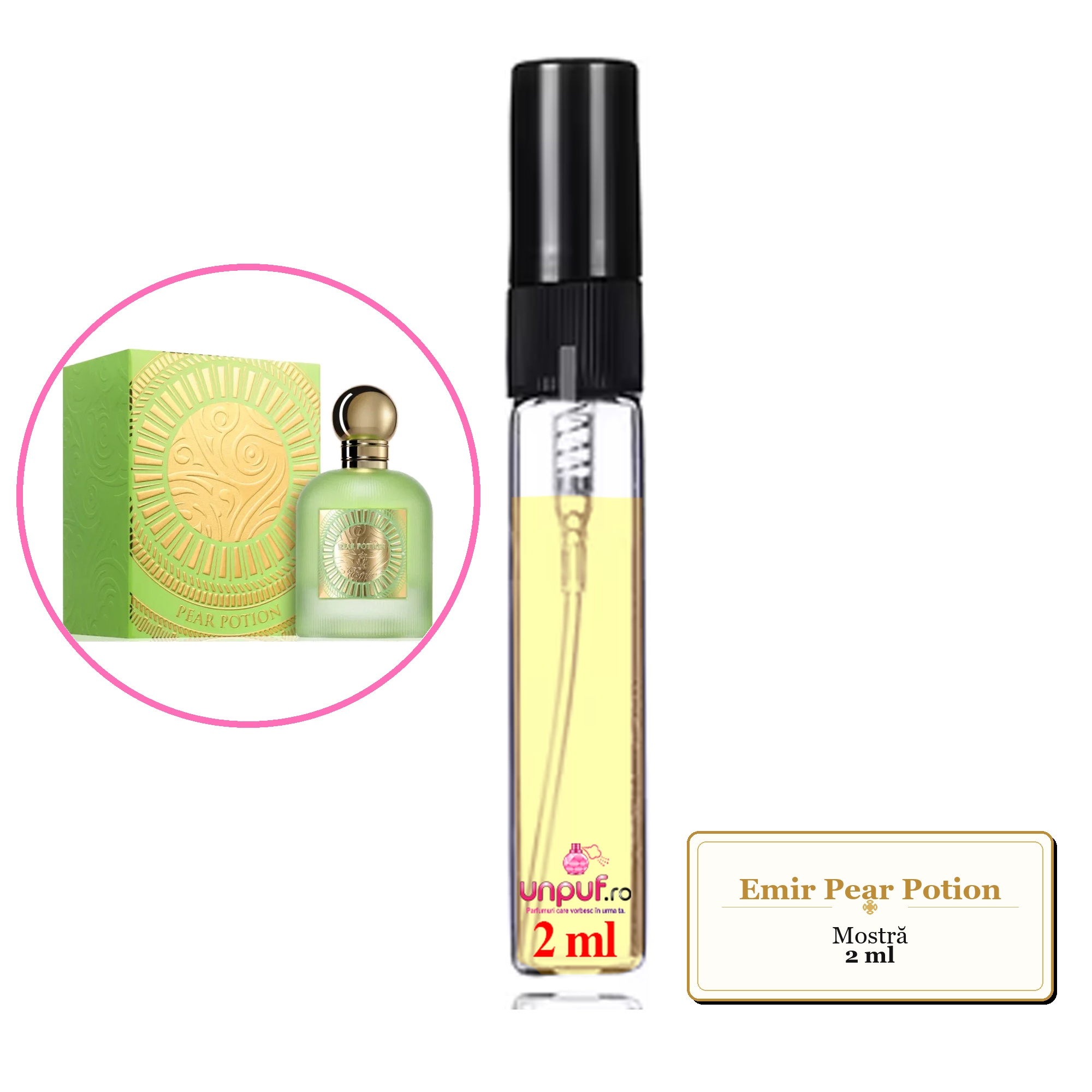 Mostra fiola din Parfumul Emir Pear Potion, decant sticla cu pulverizator 