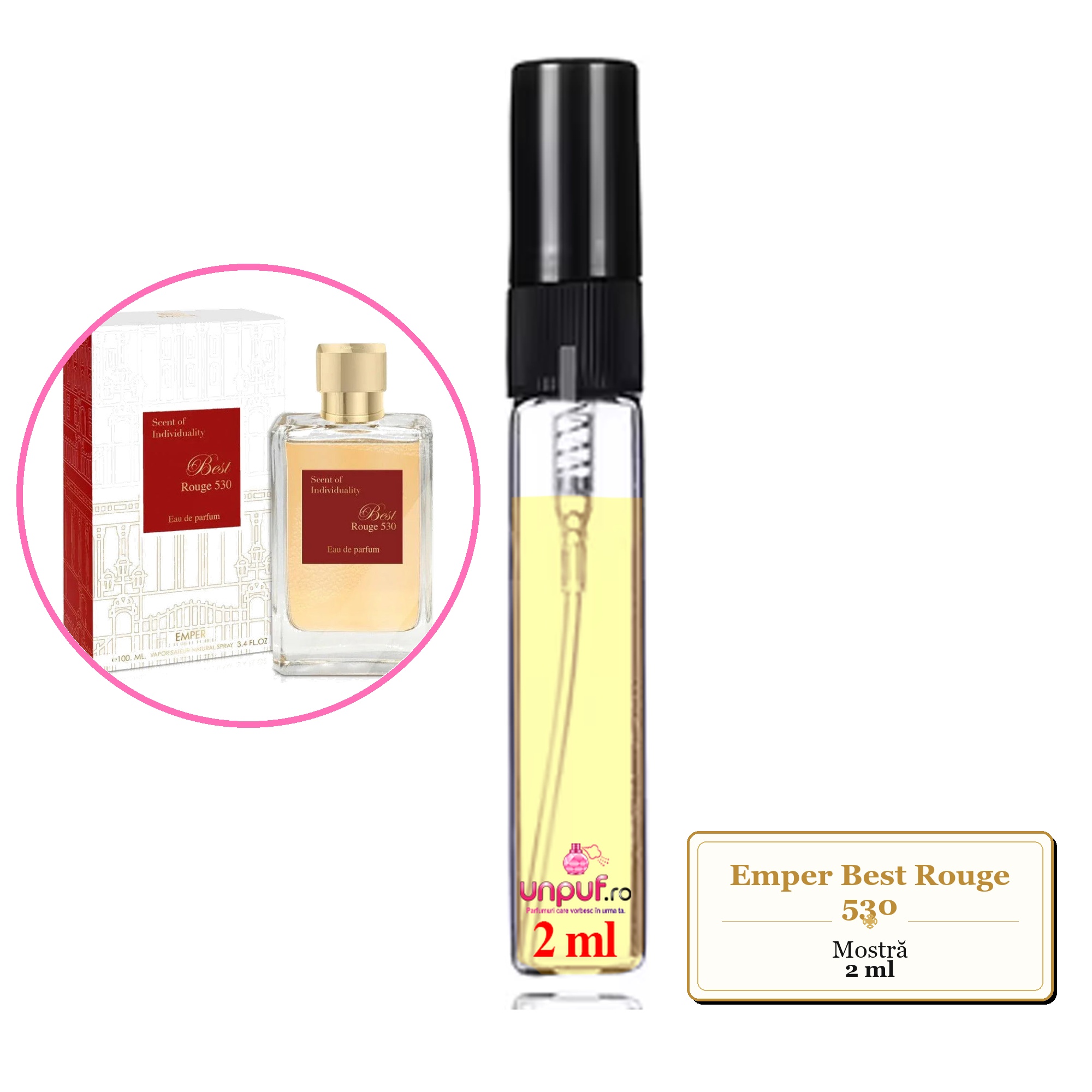 Mostra fiola din Parfumul Emper Best Rouge 530, decant sticla cu pulverizator