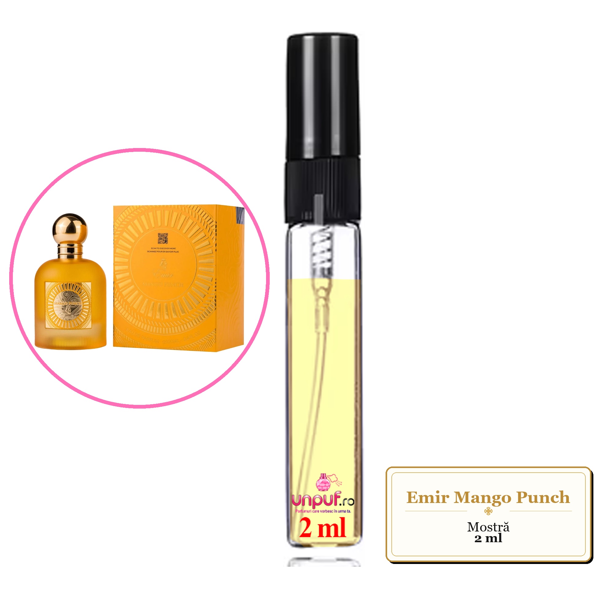 Mostra fiola din Parfumul Emir Mango Punch, decant sticla cu pulverizator 