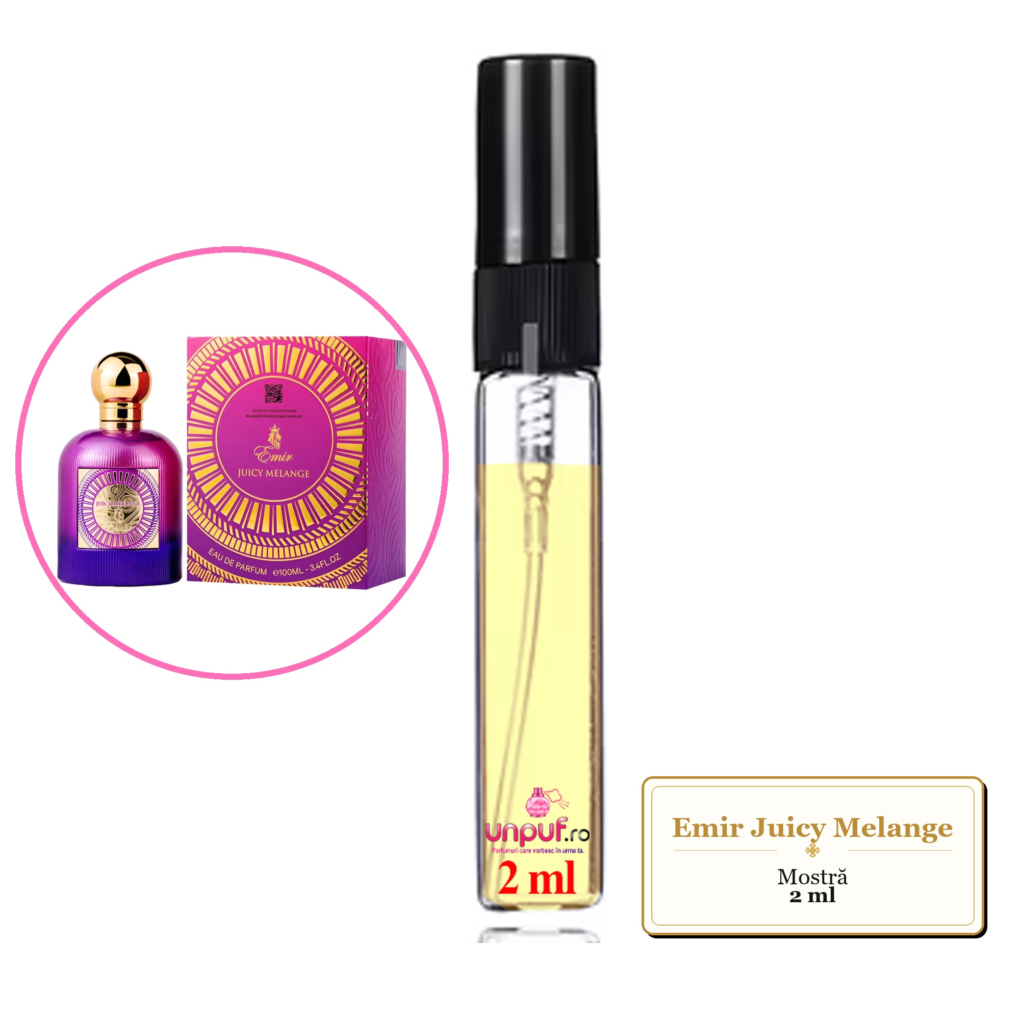 Mostra fiola din Parfumul Emir Juicy Melange, decant sticla cu pulverizator 