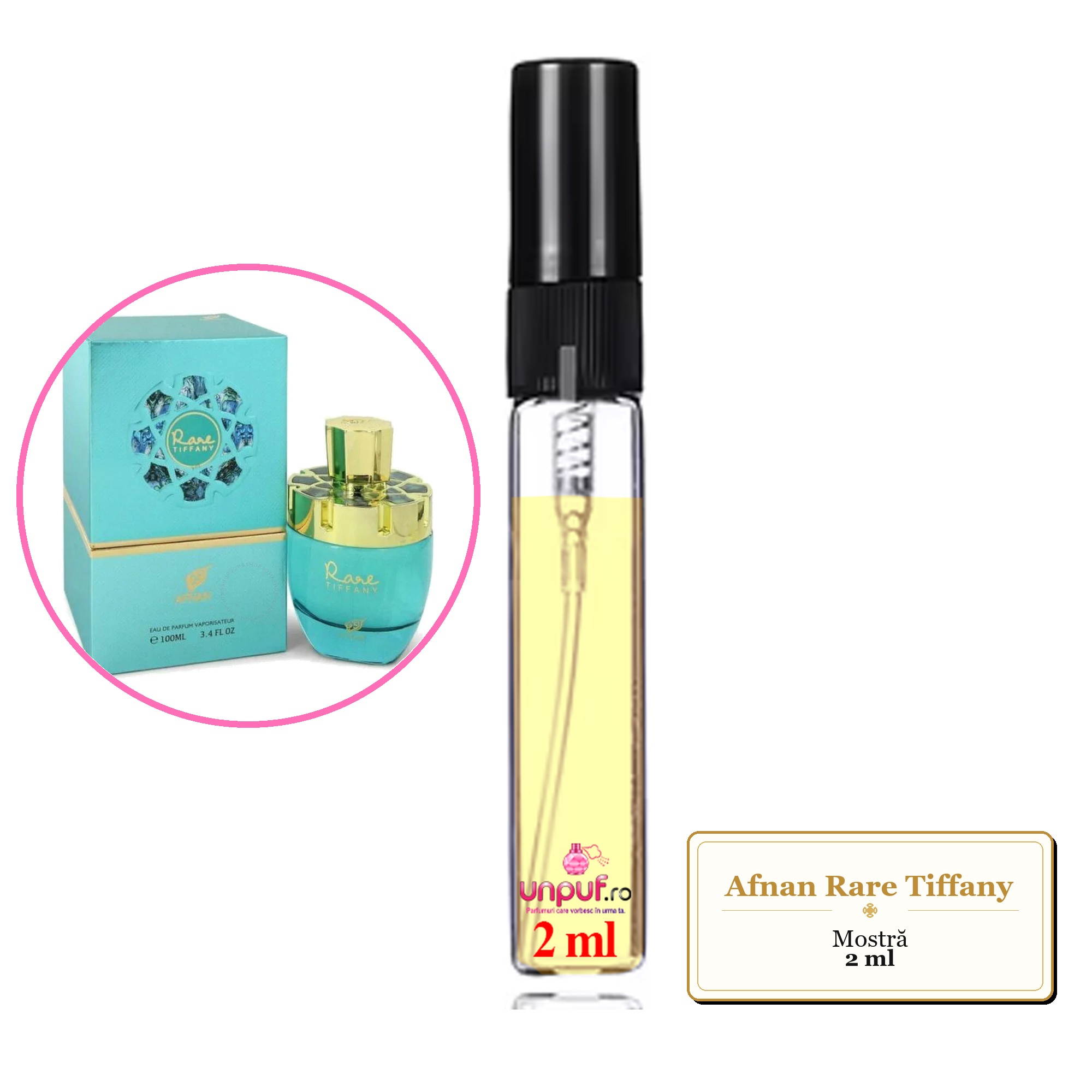 Mostra fiola din Parfumul Afnan Rare Tiffany, decant sticla cu pulverizator