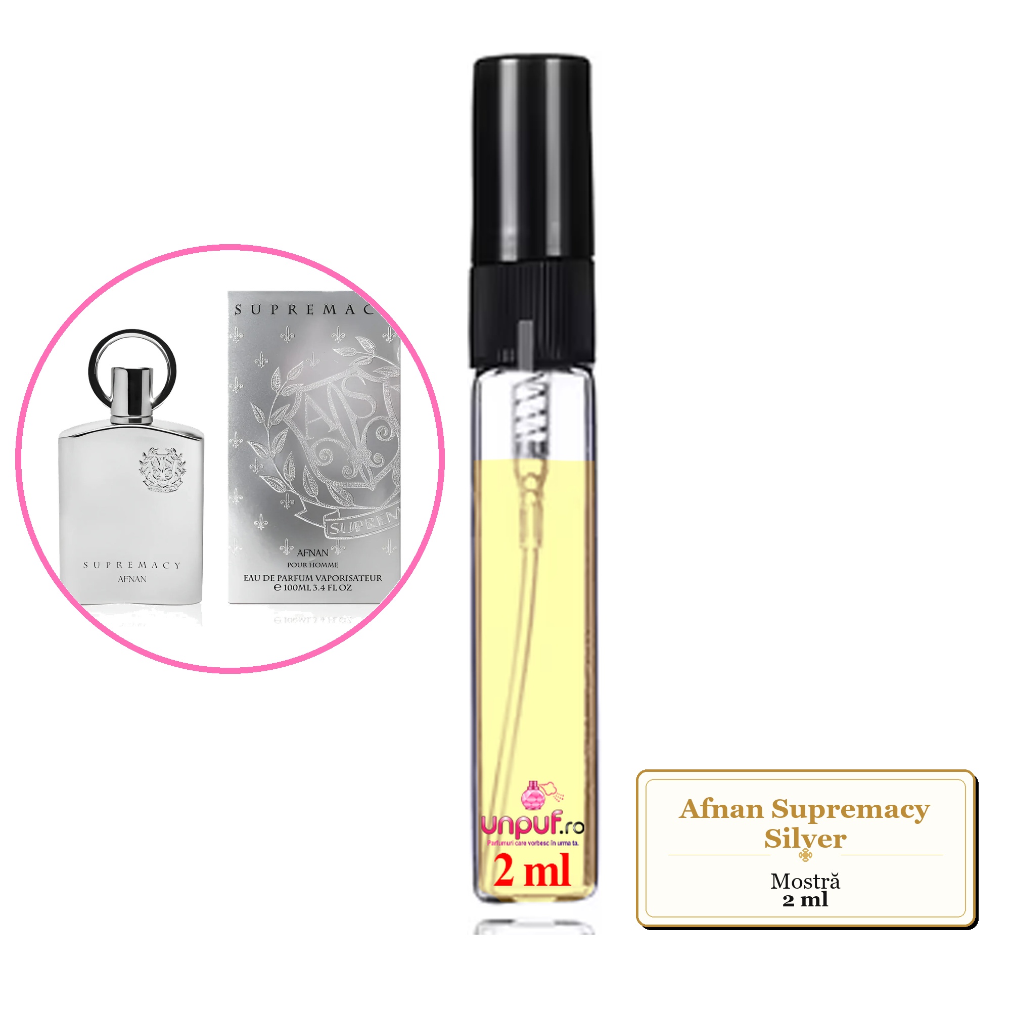 Mostra fiola din Parfumul Afnan Supremacy Silver, decant sticla cu pulverizator 