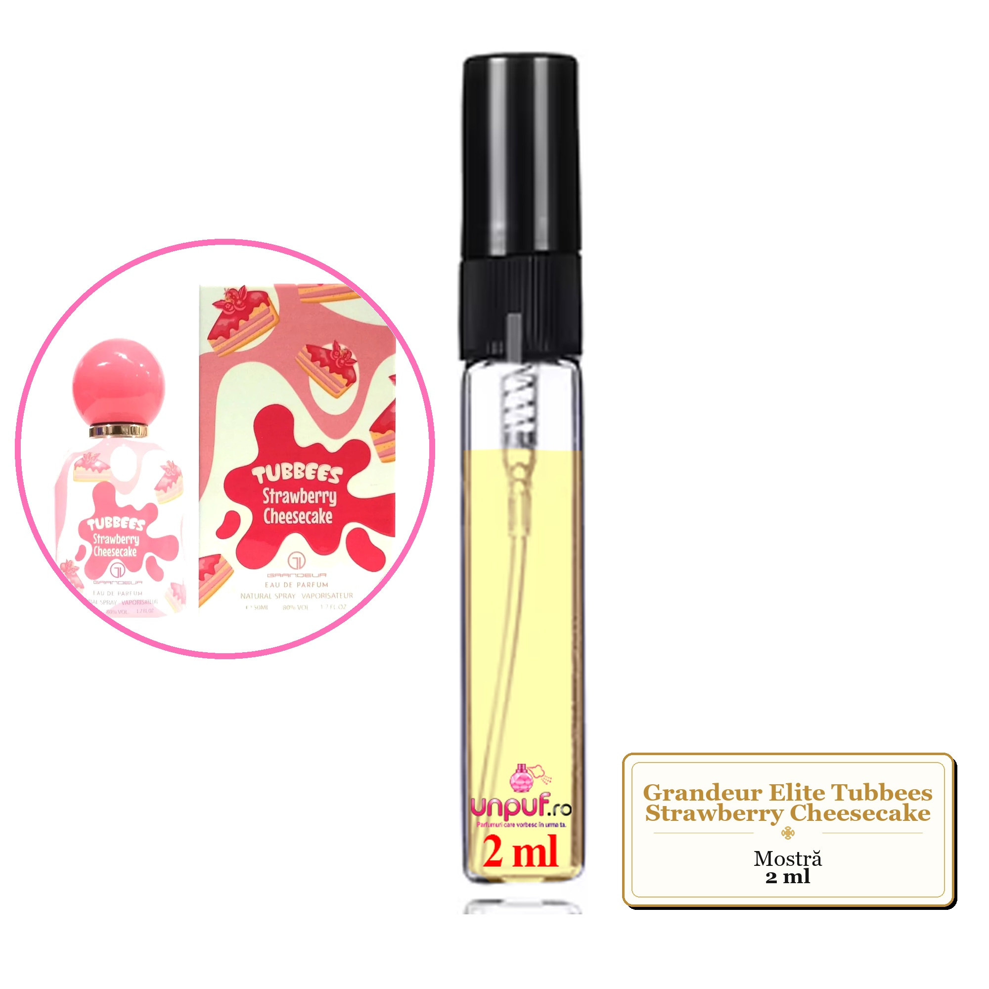 Mostra fiola din Parfumul Grandeur Elite Tubbees Strawberry Cheesecake, decant sticla cu pulverizator 