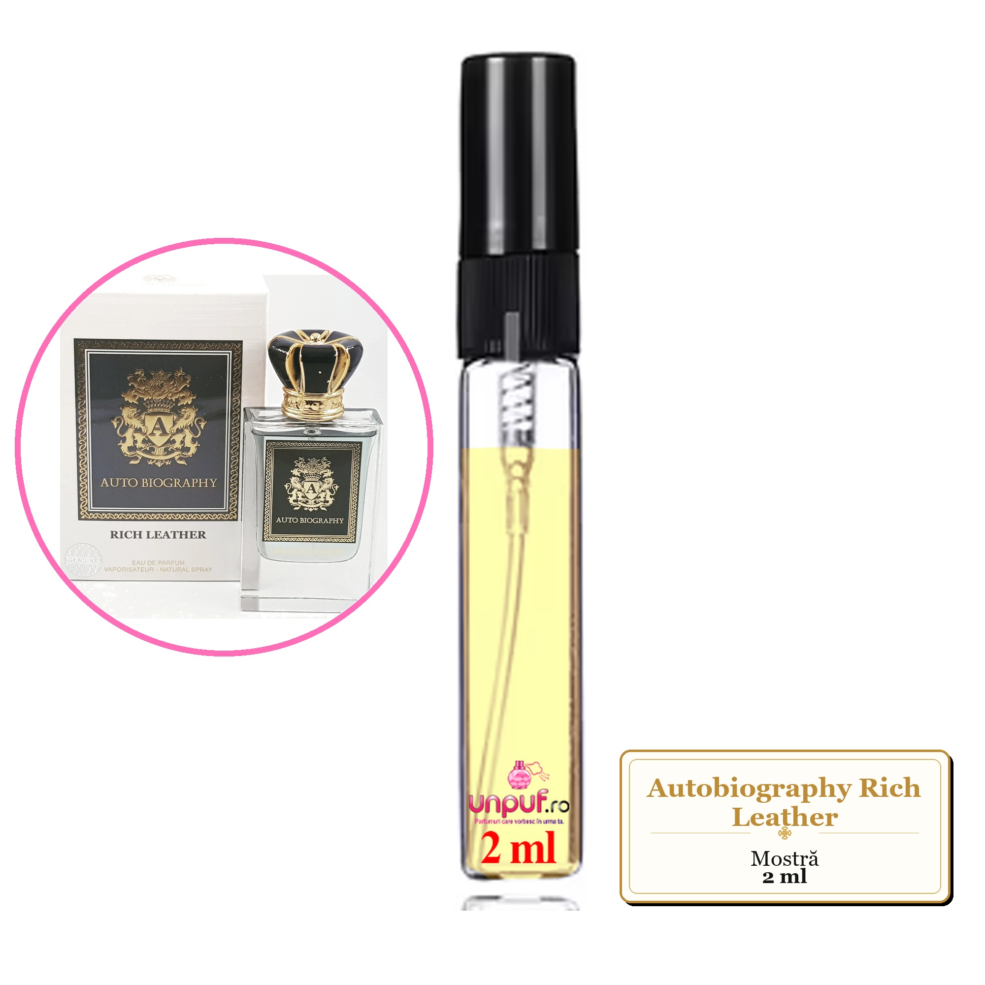 Mostra fiola din Parfumul Autobiography Rich Leather, decant sticla cu pulverizator 