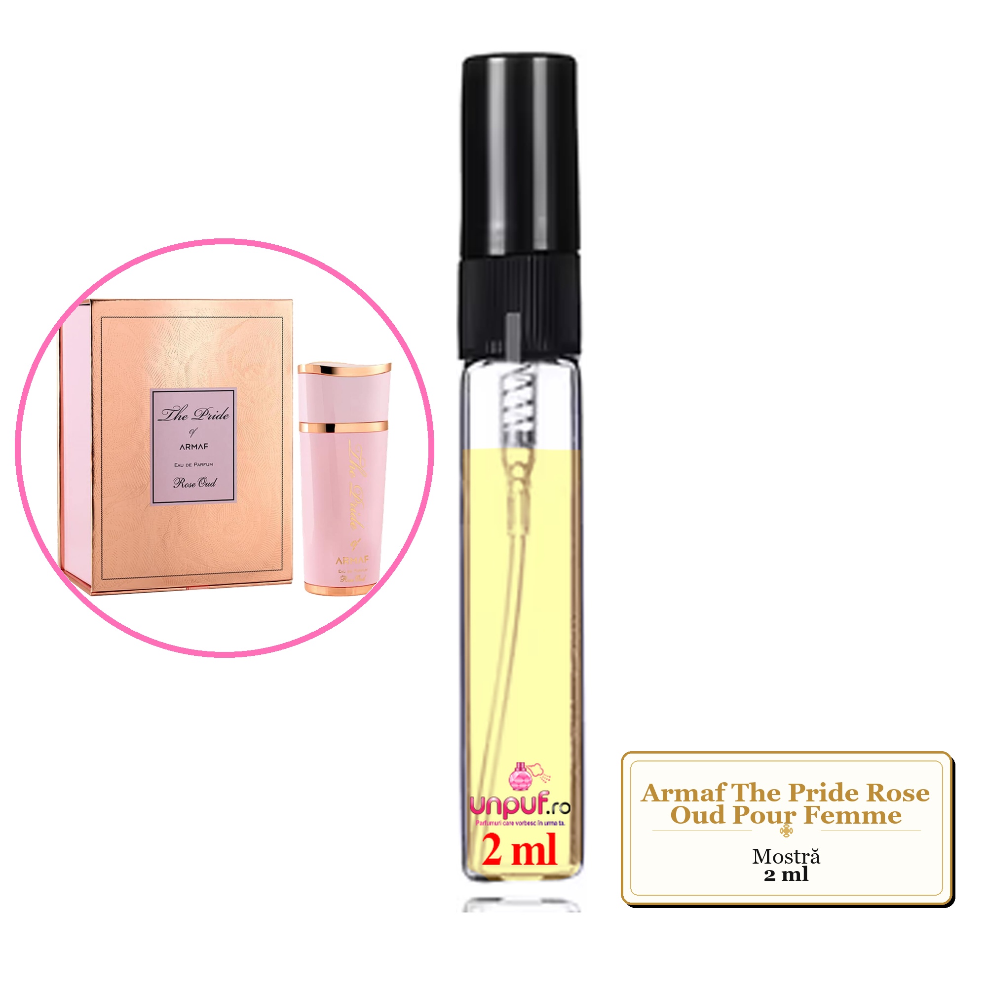 Mostra fiola din Parfumul Armaf The Pride Rose Oud Pour Femme, decant sticla cu pulverizator