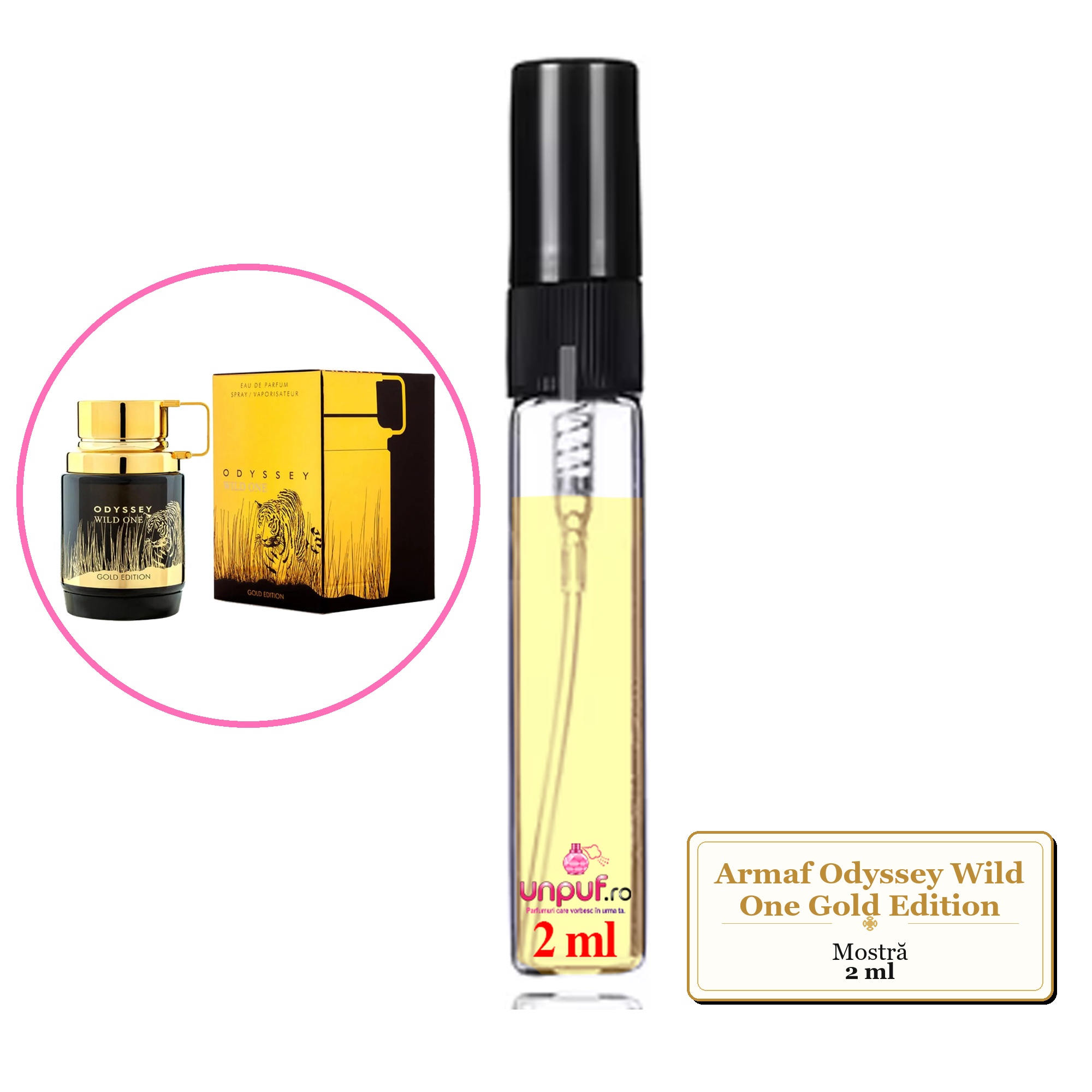 Mostra fiola din Parfumul Armaf Odyssey Wild One Gold Edition, decant sticla cu pulverizator 