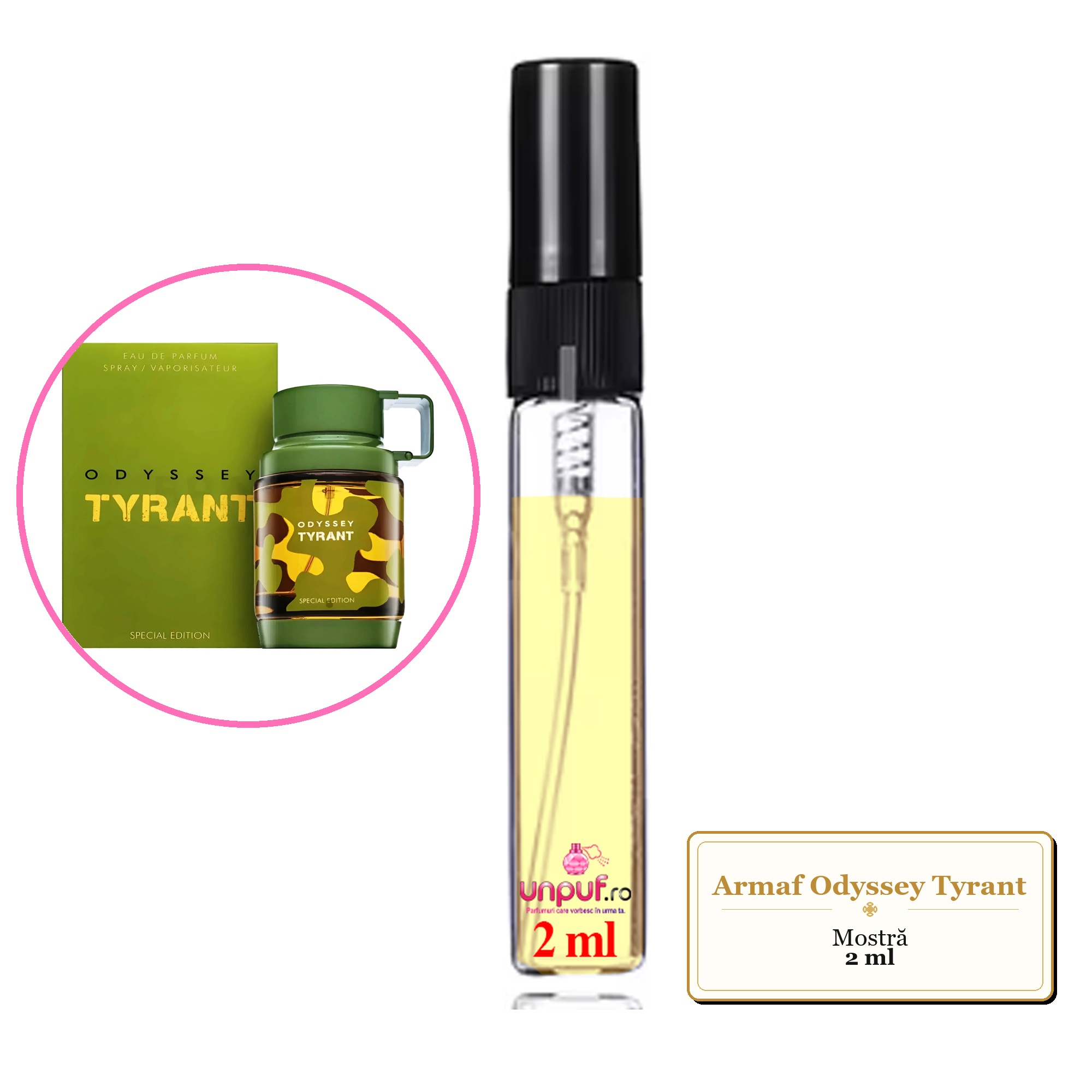 Mostra fiola din Parfumul Armaf Odyssey Tyrant, decant sticla cu pulverizator 