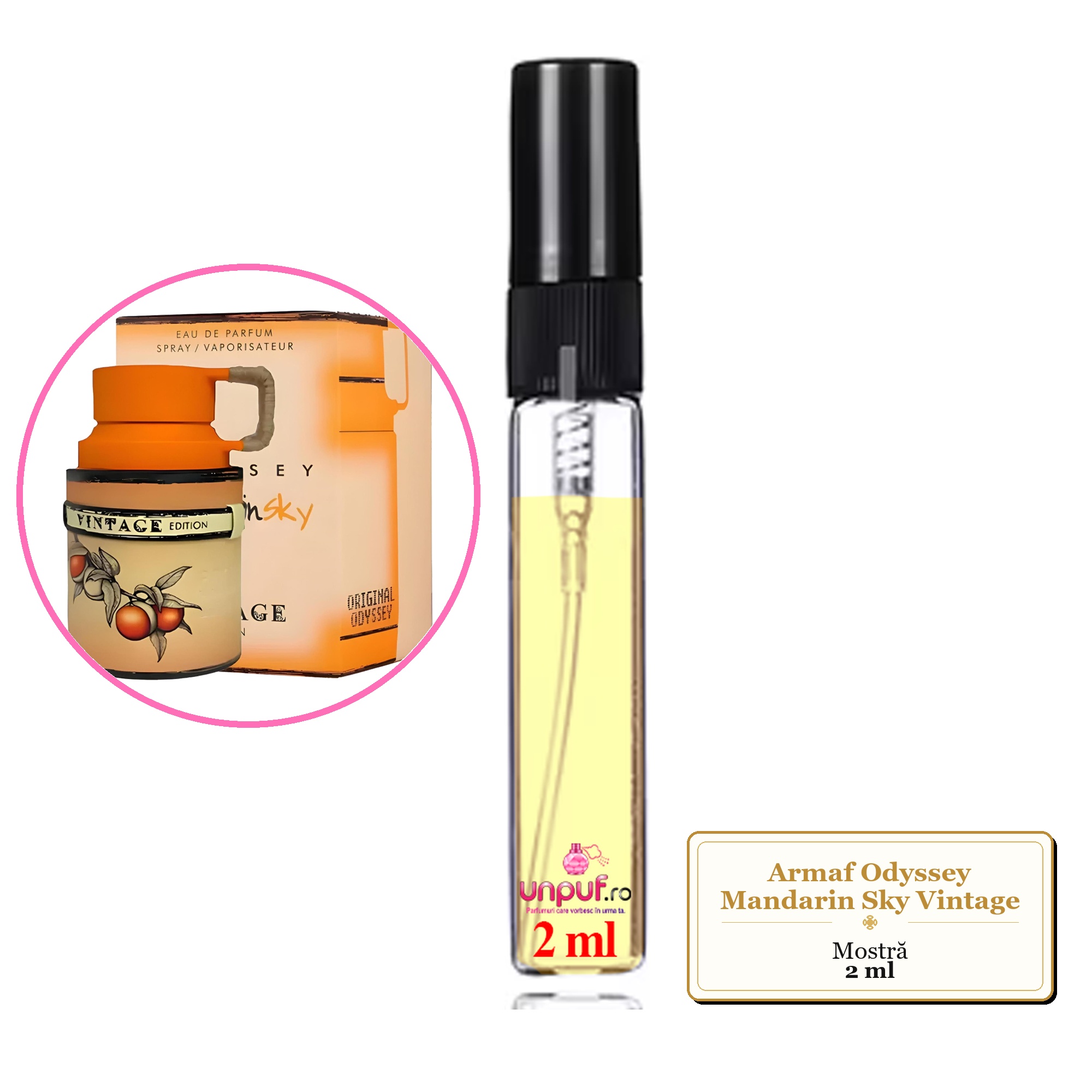 Mostra fiola din Parfumul Armaf Odyssey Mandarin Sky Vintage, decant sticla cu pulverizator