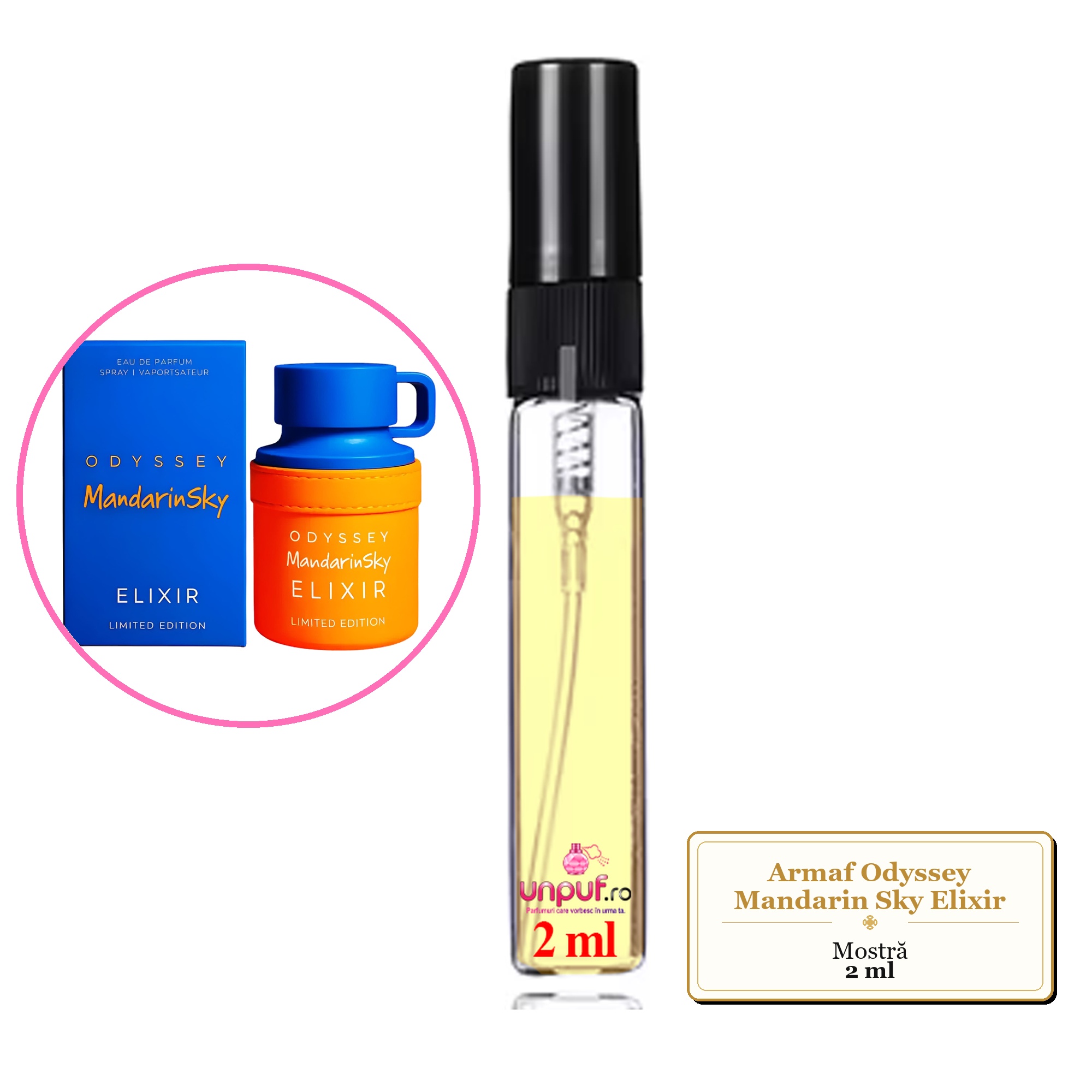 Mostra fiola din Parfumul Armaf Odyssey Mandarin Sky Elixir, decant sticla cu pulverizator 