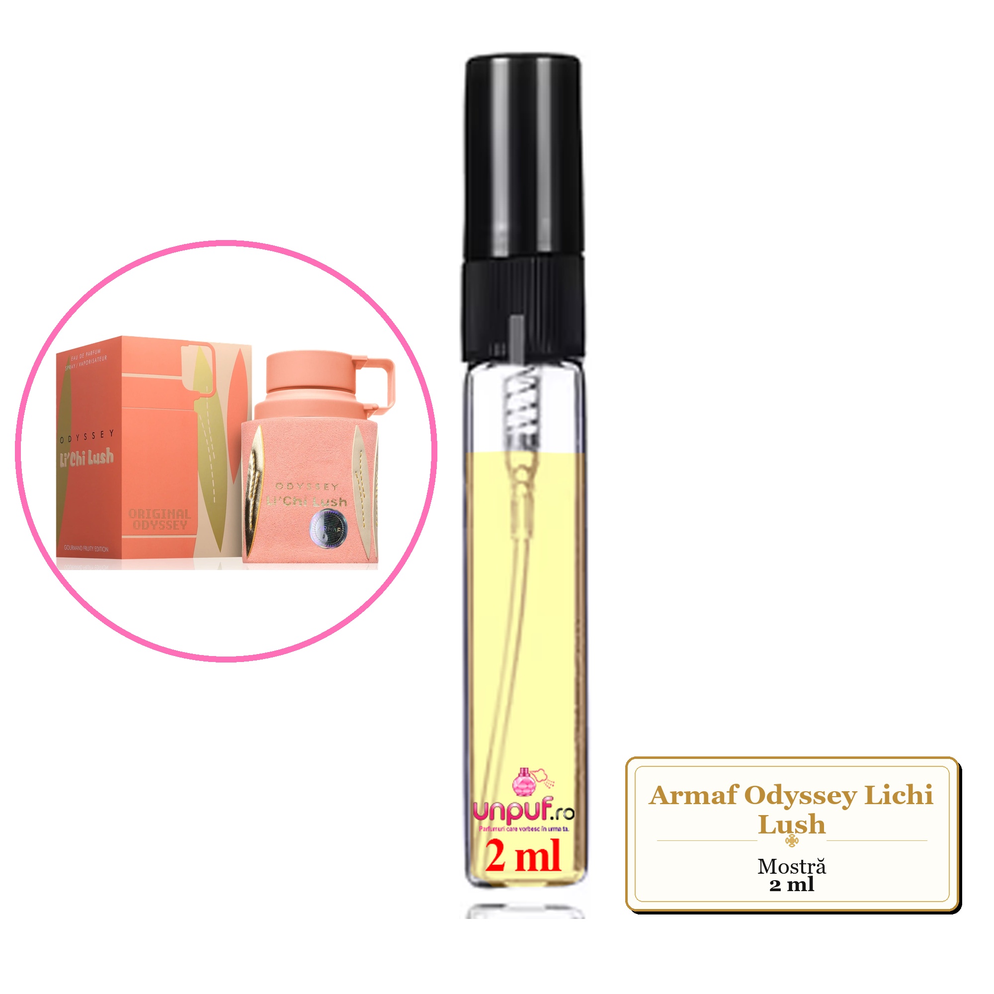 Mostra fiola din Parfumul Armaf Odyssey Lichi Lush, decant sticla cu pulverizator 
