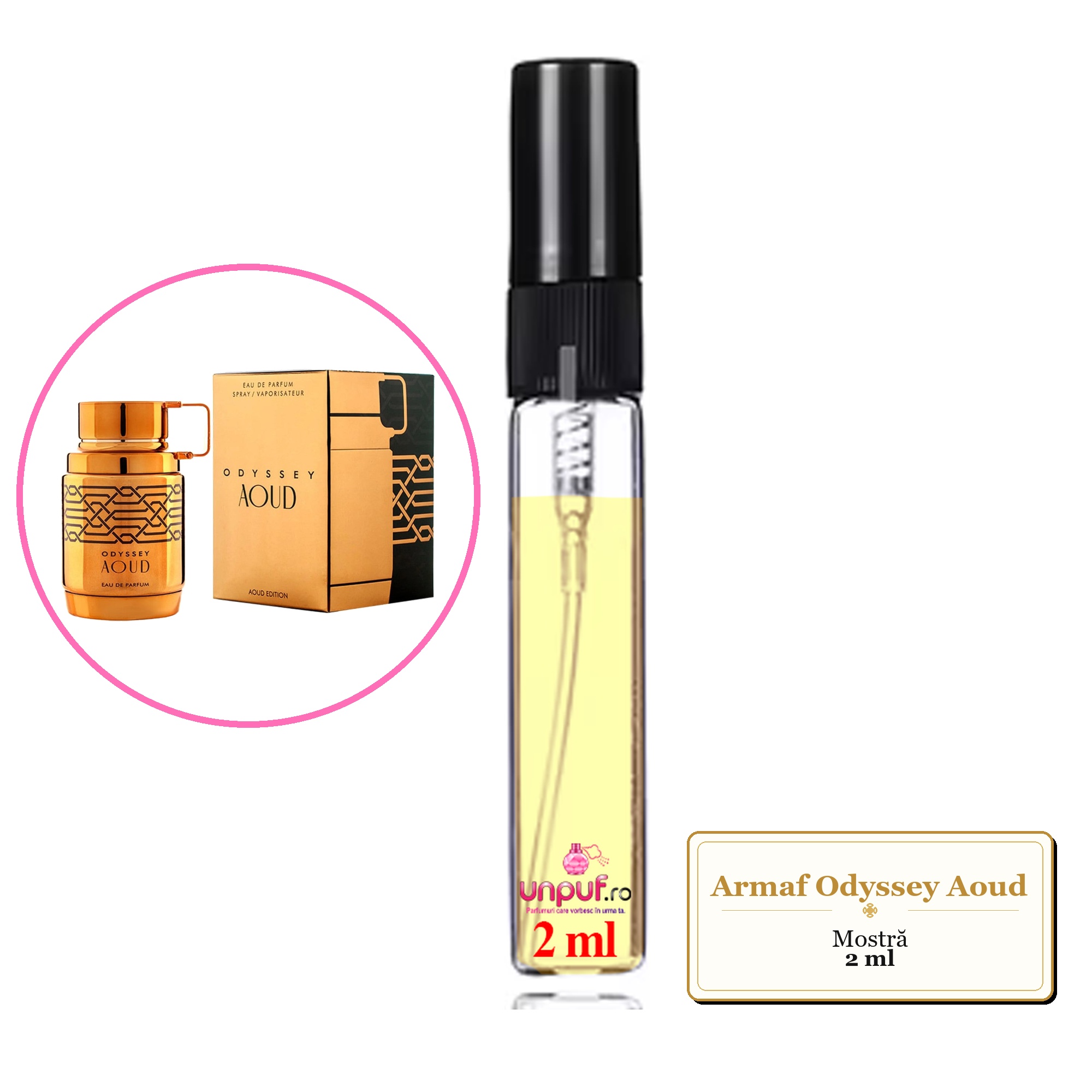 Mostra fiola din Parfumul Armaf Odyssey Aoud, decant sticla cu pulverizator