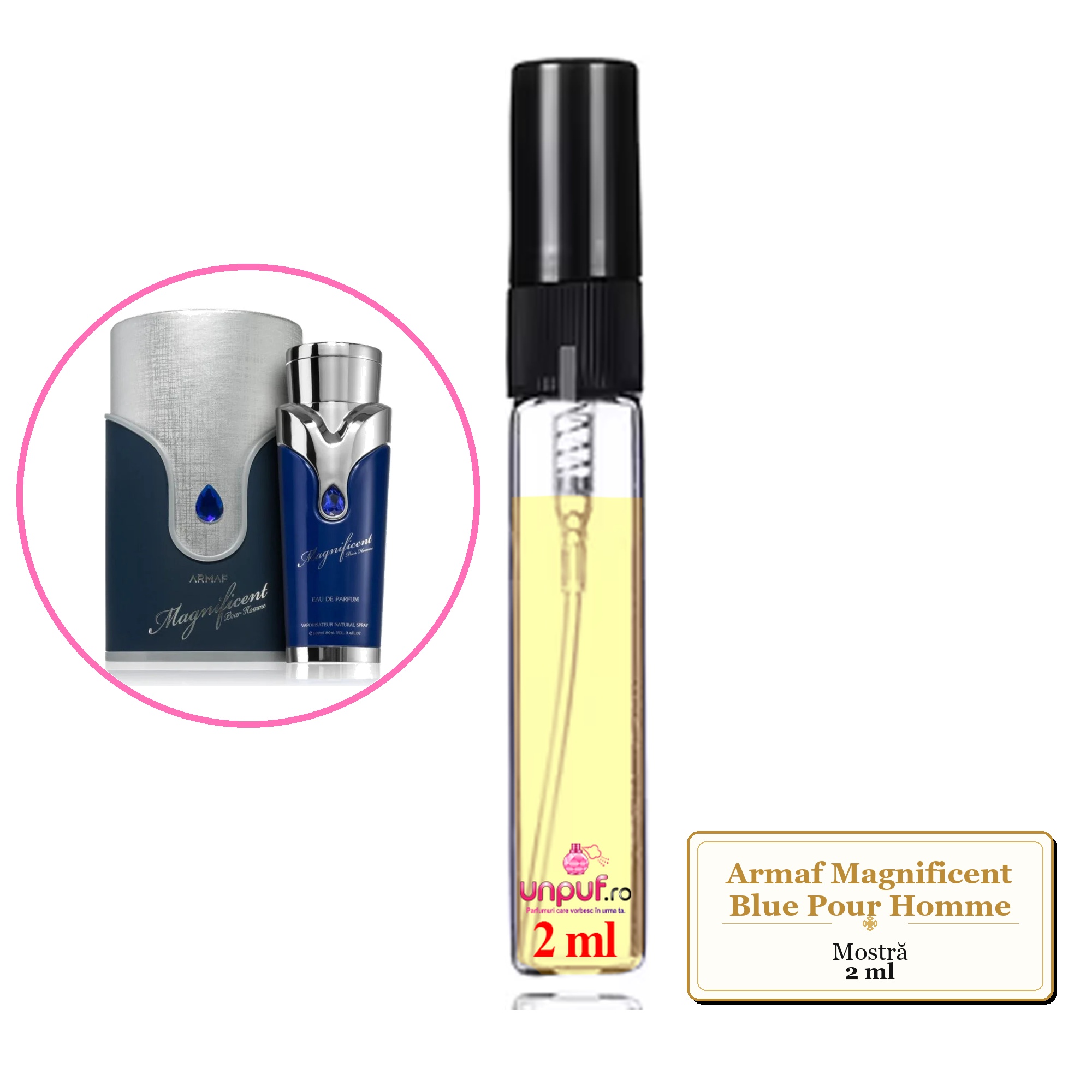 Mostra fiola din Parfumul Armaf Magnificent Blue Pour Homme, decant sticla cu pulverizator 
