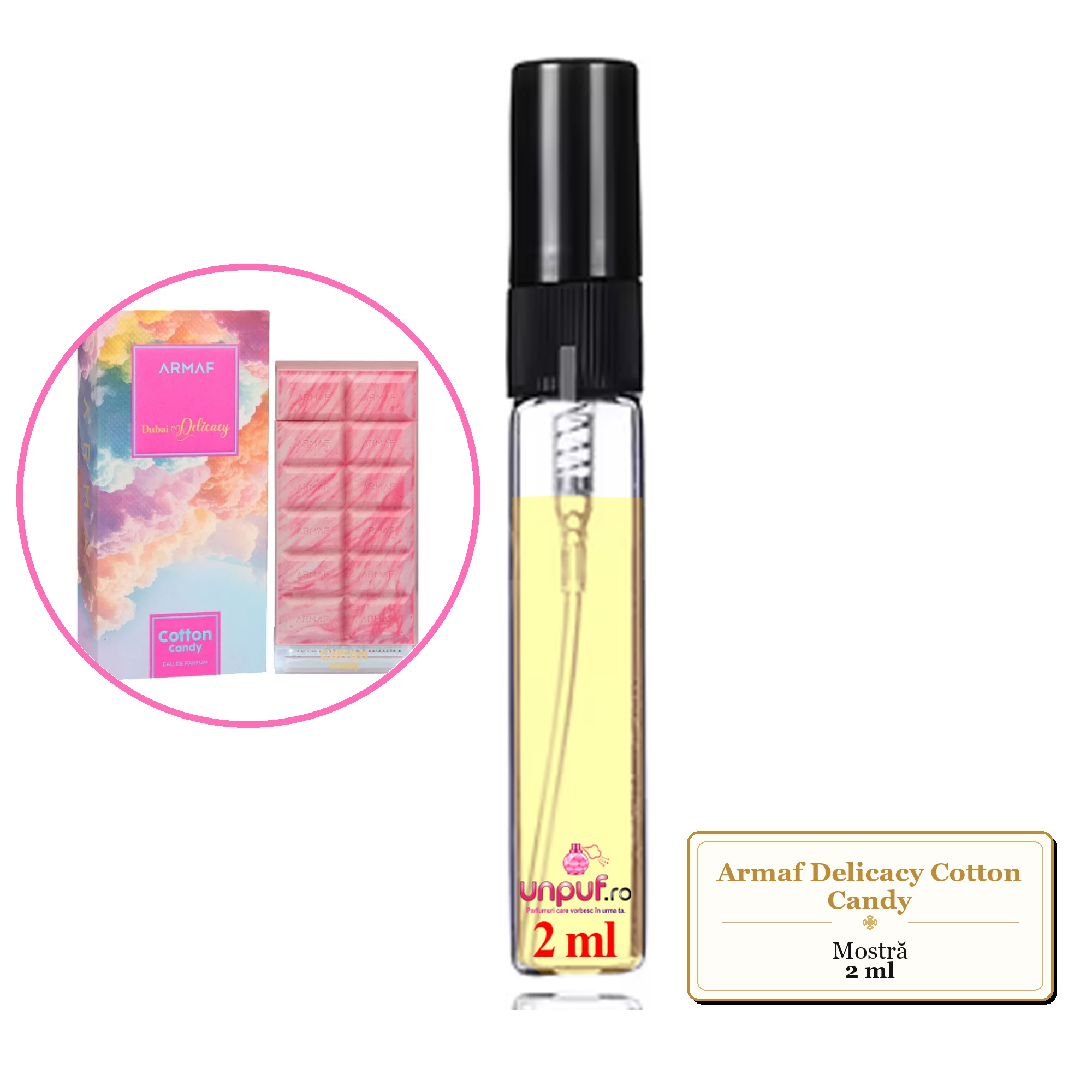 Mostra fiola din Parfumul Armaf Delicacy Cotton Candy, decant sticla cu pulverizator 