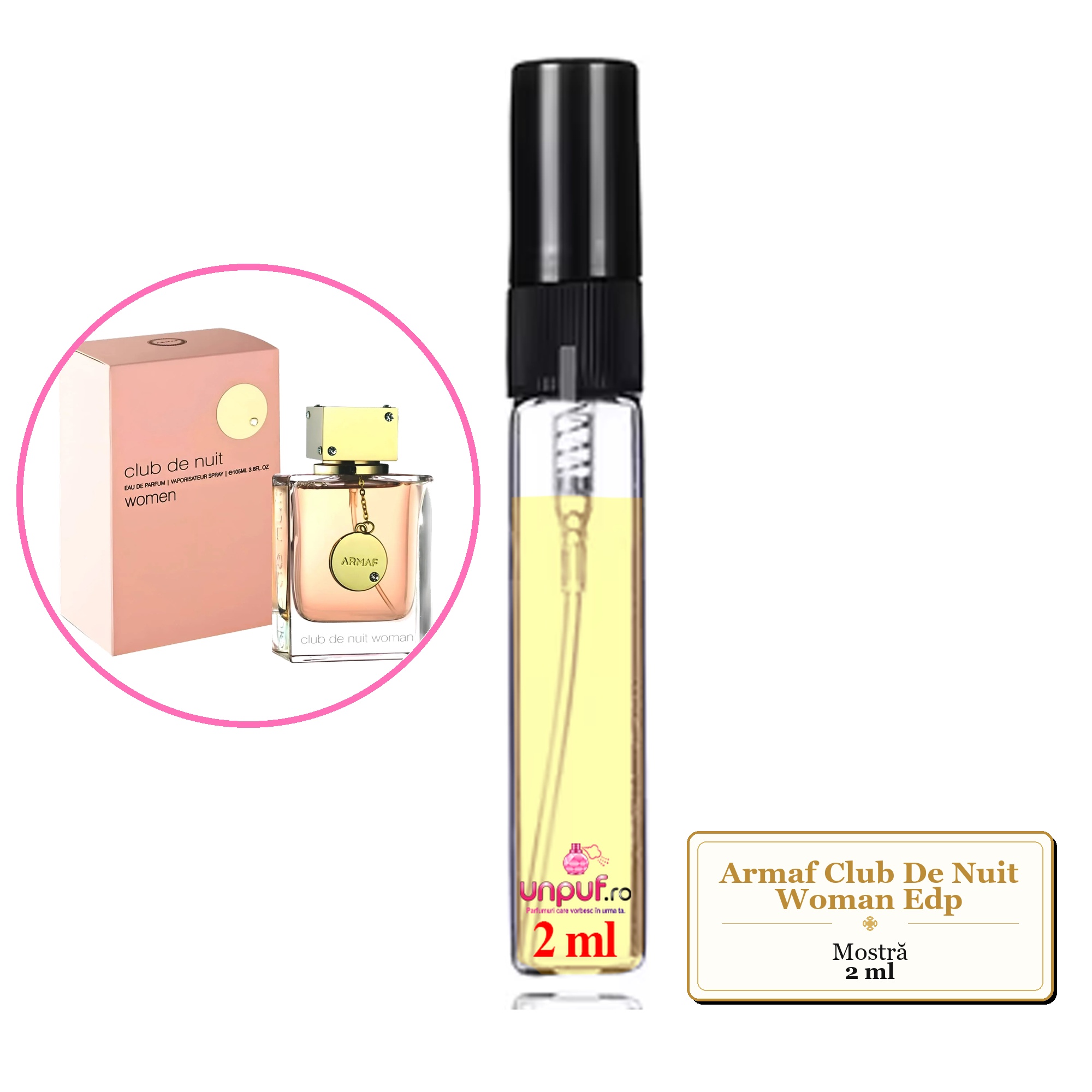 Mostra fiola din Parfumul Armaf Club De Nuit Woman Edp, decant sticla cu pulverizator 