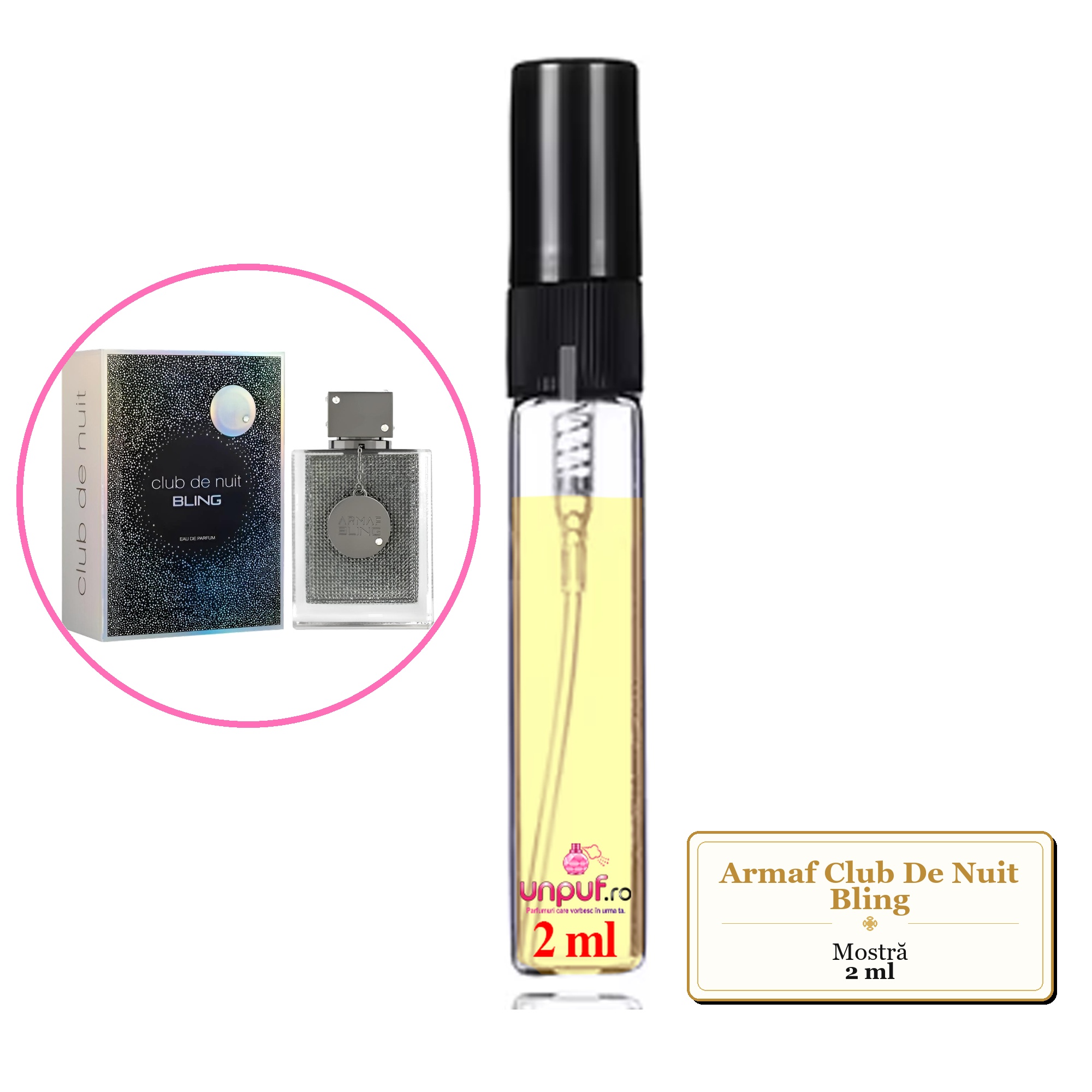 Mostra fiola din Parfumul Armaf Club De Nuit Bling, decant sticla cu pulverizator 