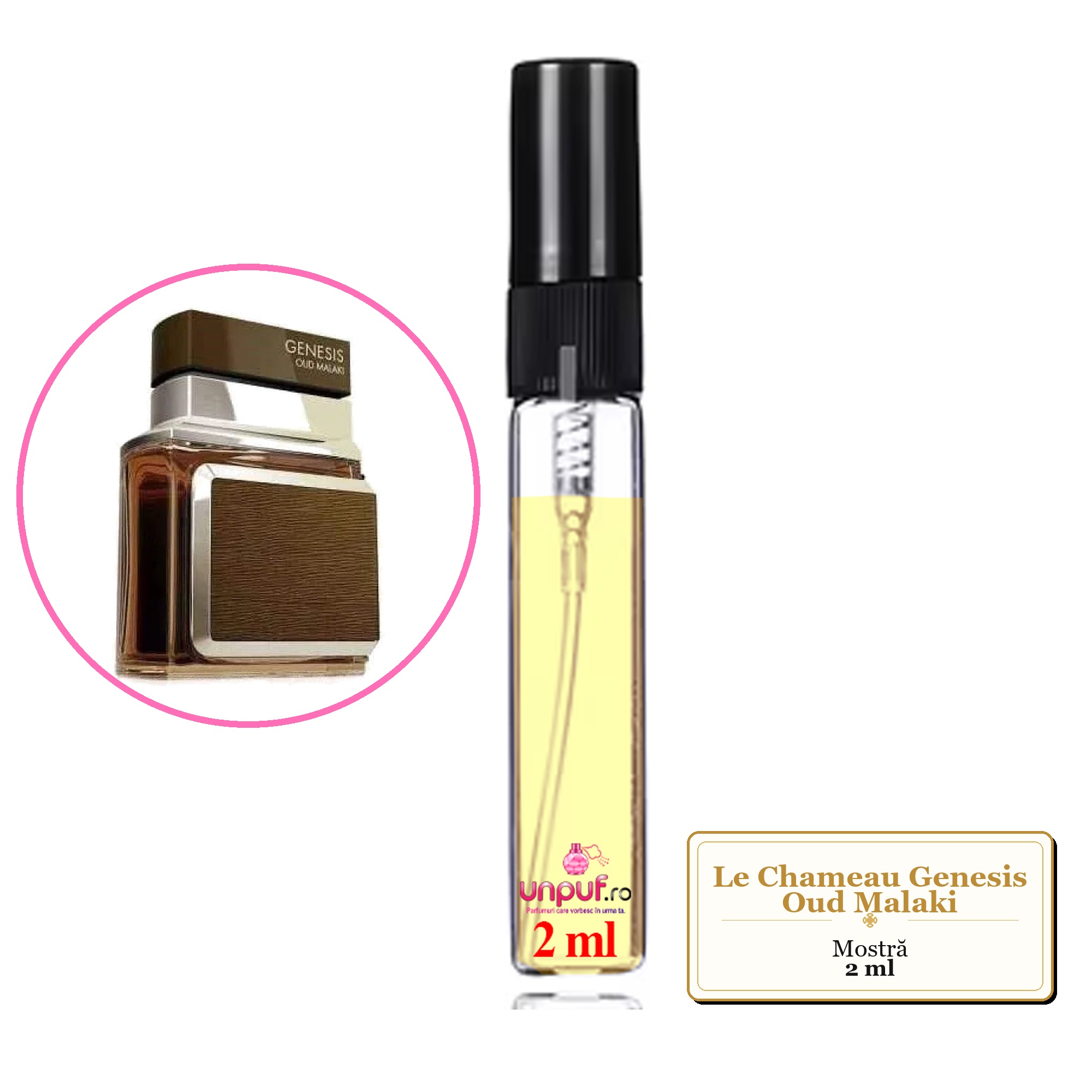 Mostra fiola din Parfumul Le Chameau Genesis Oud Malaki, decant sticla cu pulverizator 