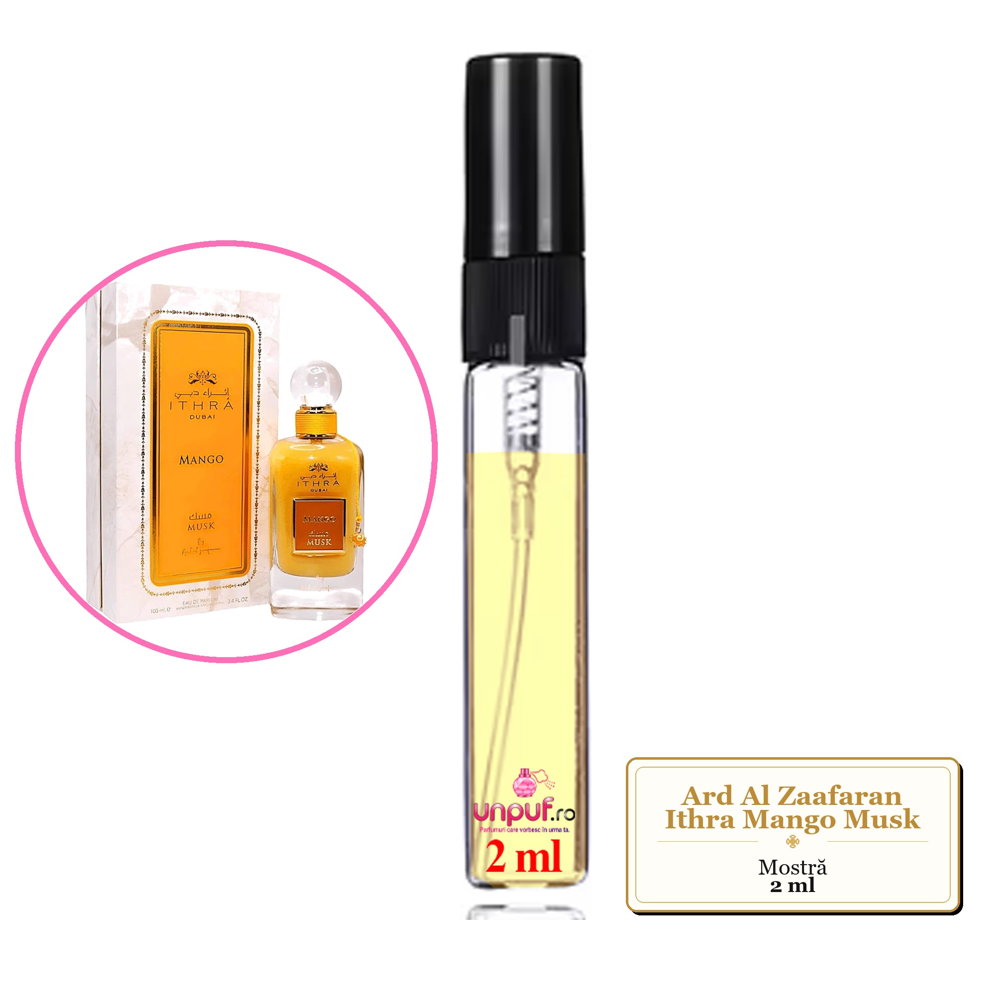 Mostra fiola din Parfumul Ard Al Zaafaran Ithra Mango Musk, decant sticla cu pulverizator