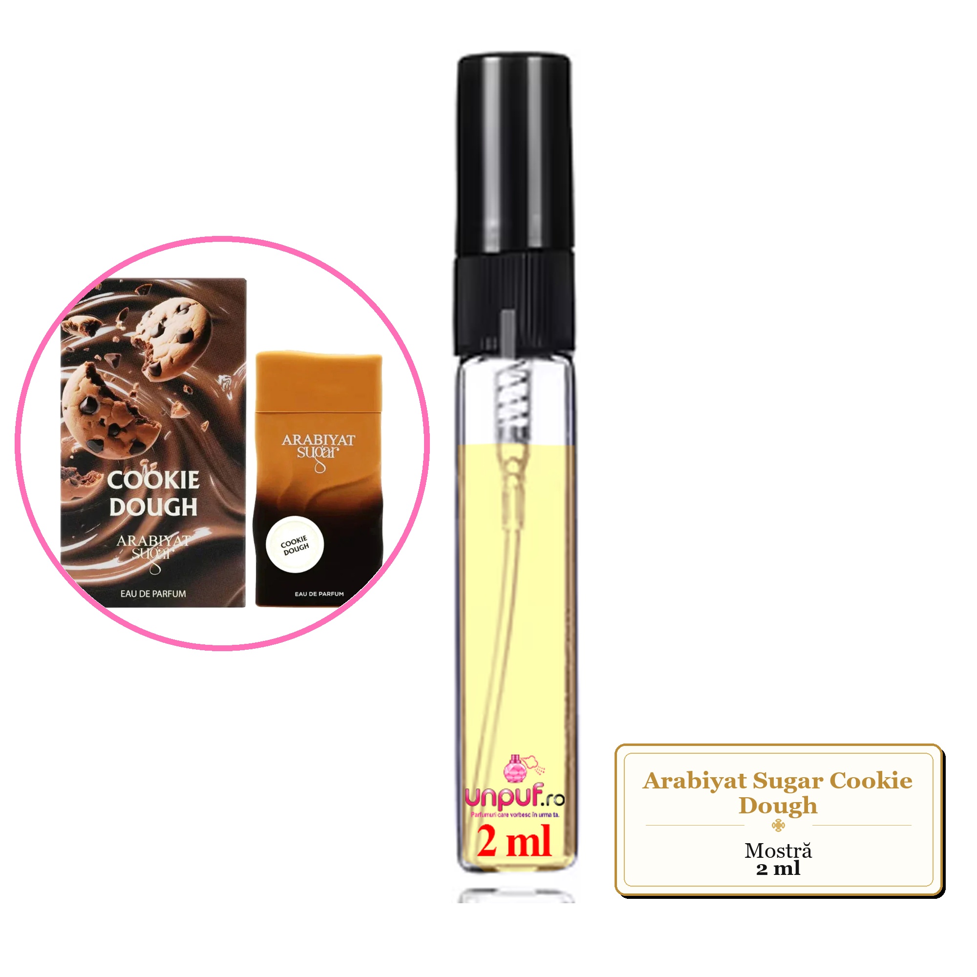 Mostra fiola din Parfumul Arabiyat Sugar Cookie Dough, decant sticla cu pulverizator 