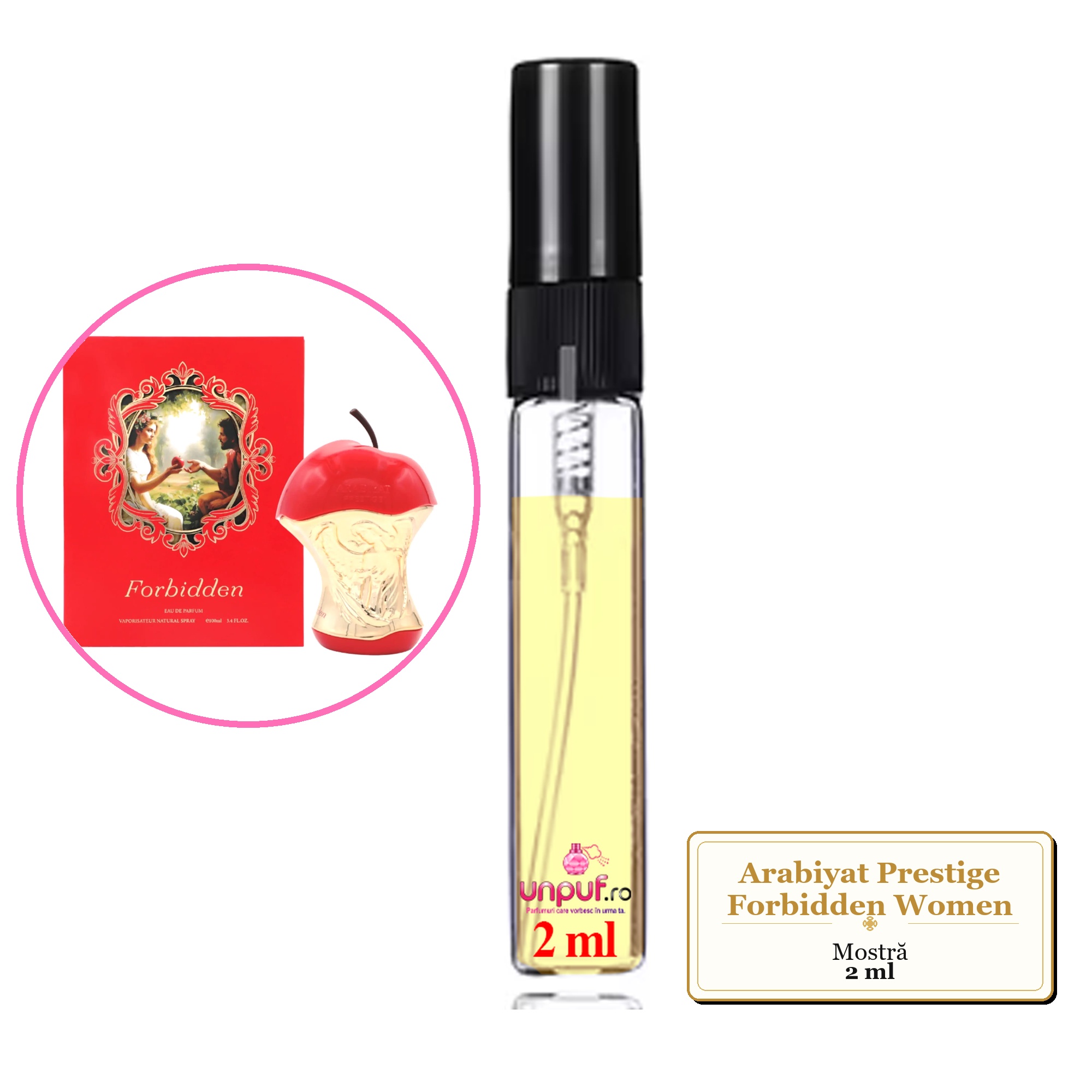Mostra fiola din Parfumul Arabiyat Prestige Forbidden Women, decant sticla cu pulverizator 