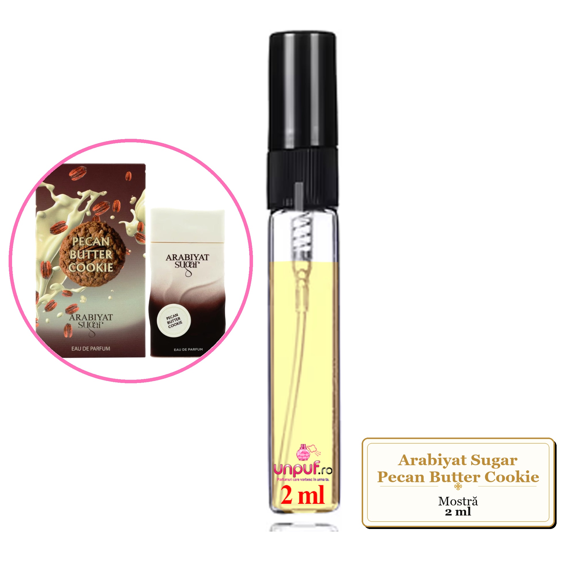 Mostra fiola din Parfumul Arabiyat Sugar Pecan Butter Cookie, decant sticla cu pulverizator 