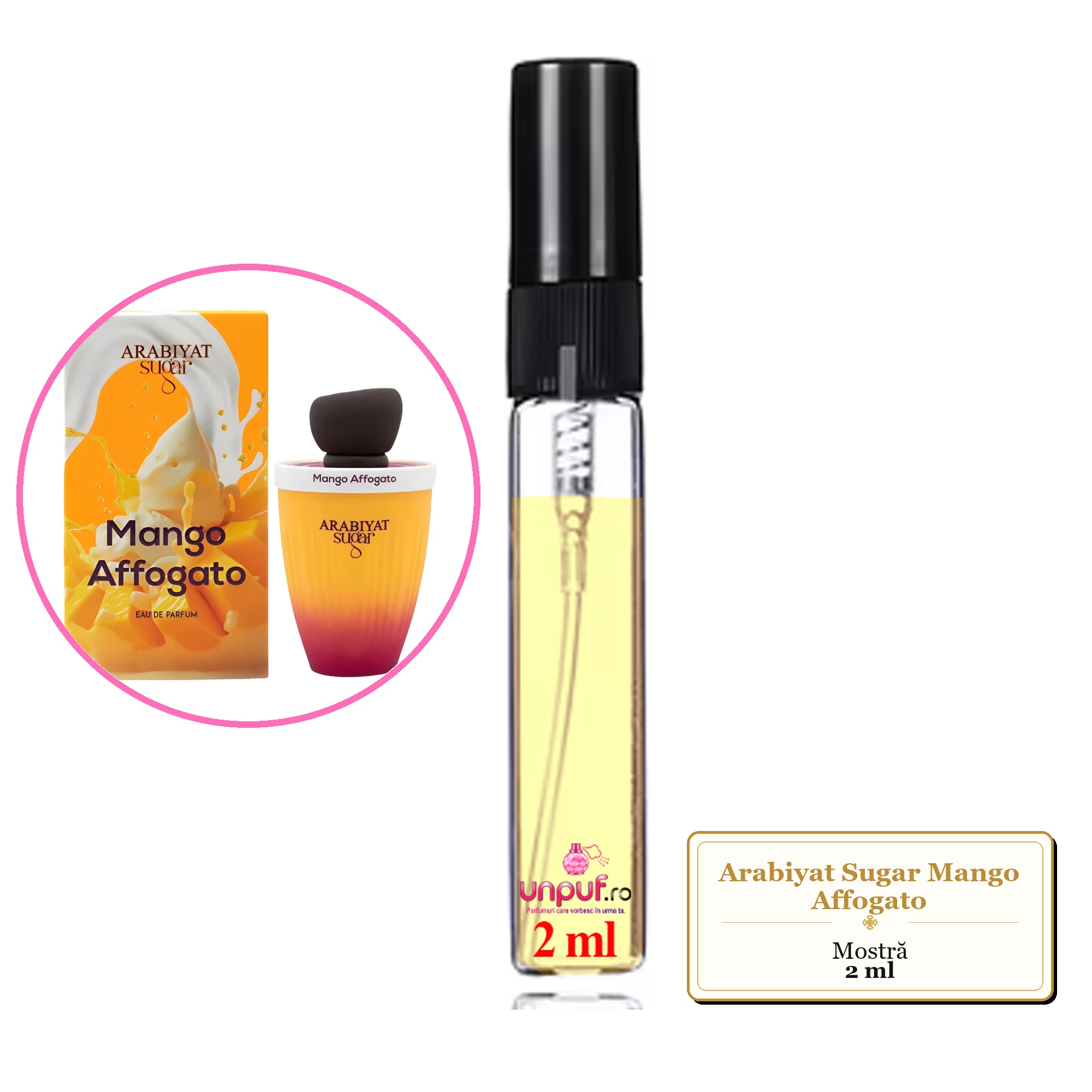 Mostra fiola din Parfumul Arabiyat Sugar Mango Affogato, decant sticla cu pulverizator 