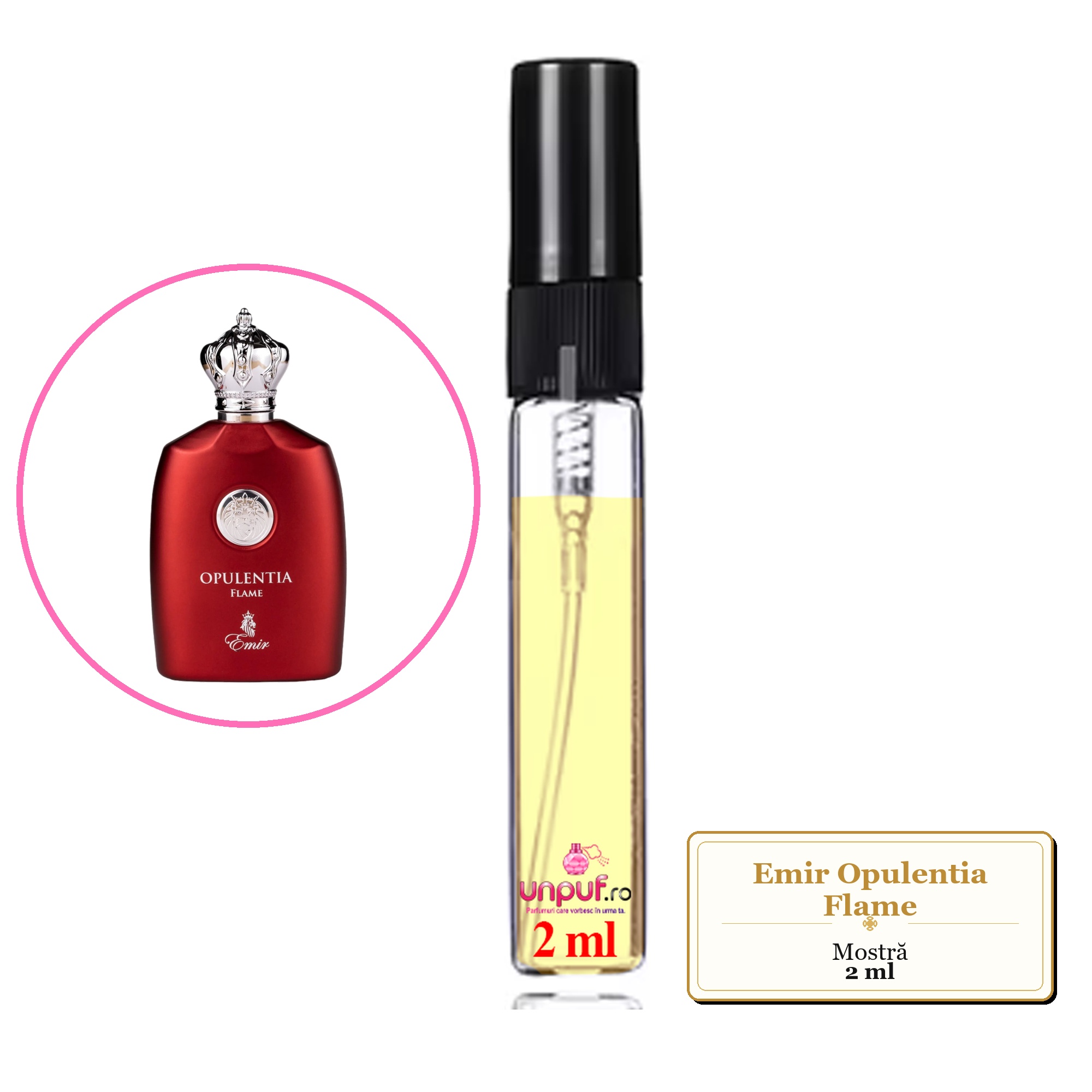 Mostra fiola din Parfumul Emir Opulentia Flame, decant sticla cu pulverizator 