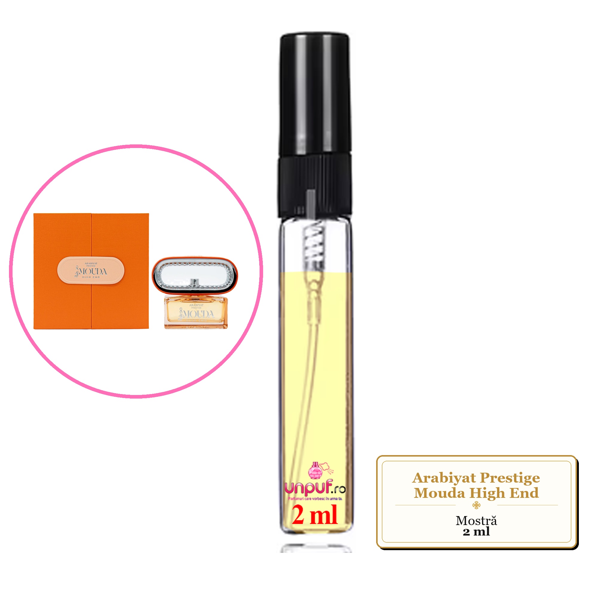 Mostra fiola din Parfumul Arabiyat Prestige Mouda High End, decant sticla cu pulverizator 