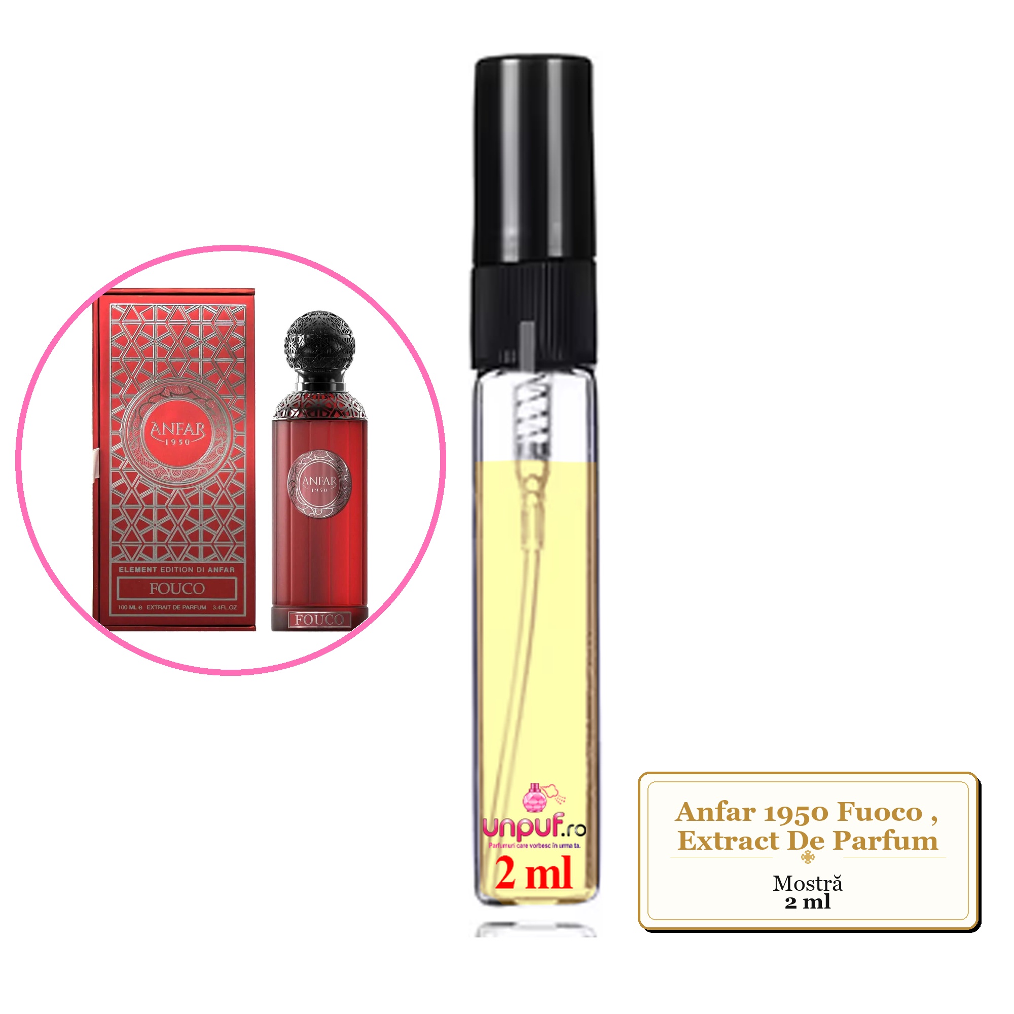 Mostra fiola din Parfumul Anfar 1950 Fuoco, Extract De Parfum, decant sticla cu pulverizator 