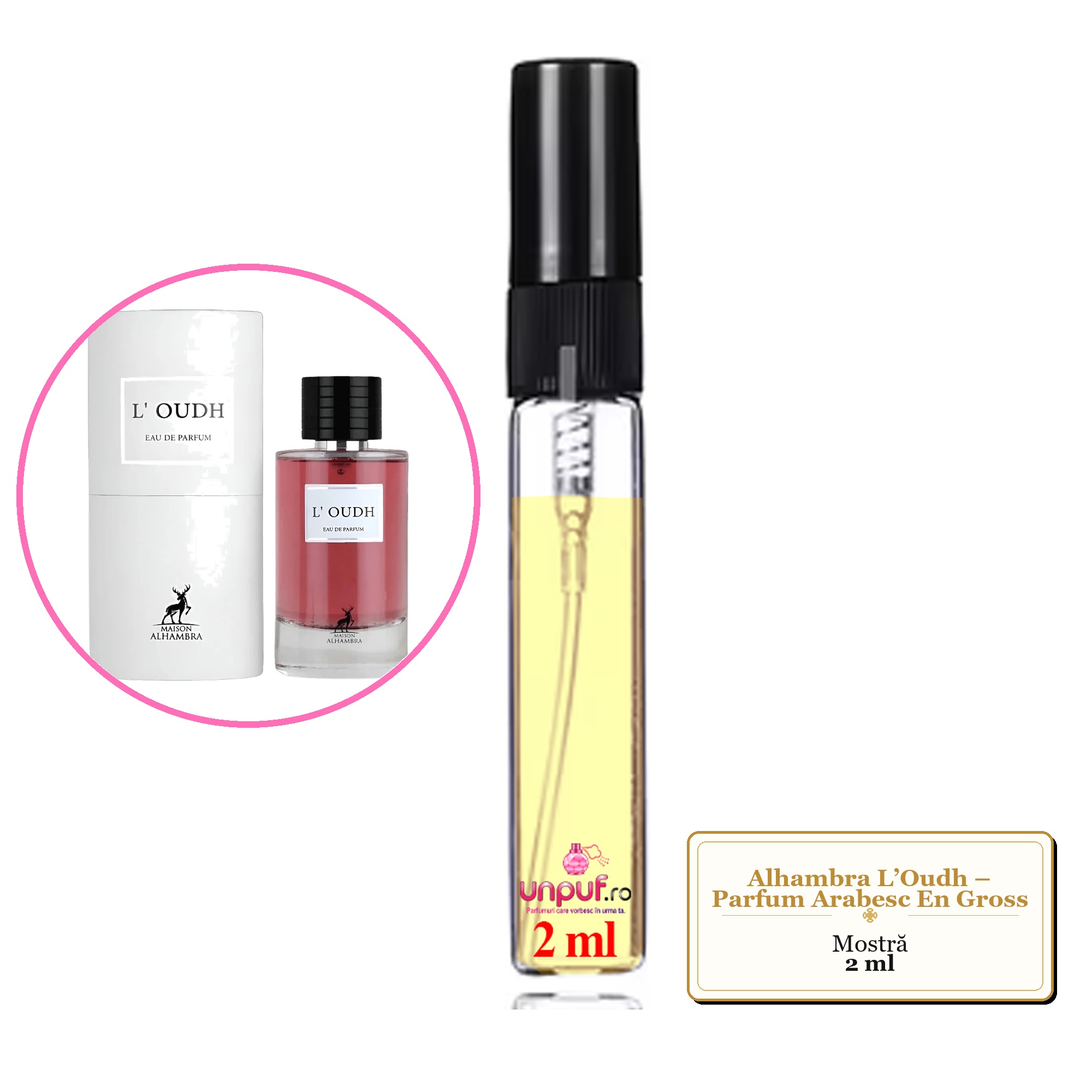 Mostra fiola din Parfumul Alhambra L’Oudh – Parfum Arabesc En Gross, decant sticla cu pulverizator 