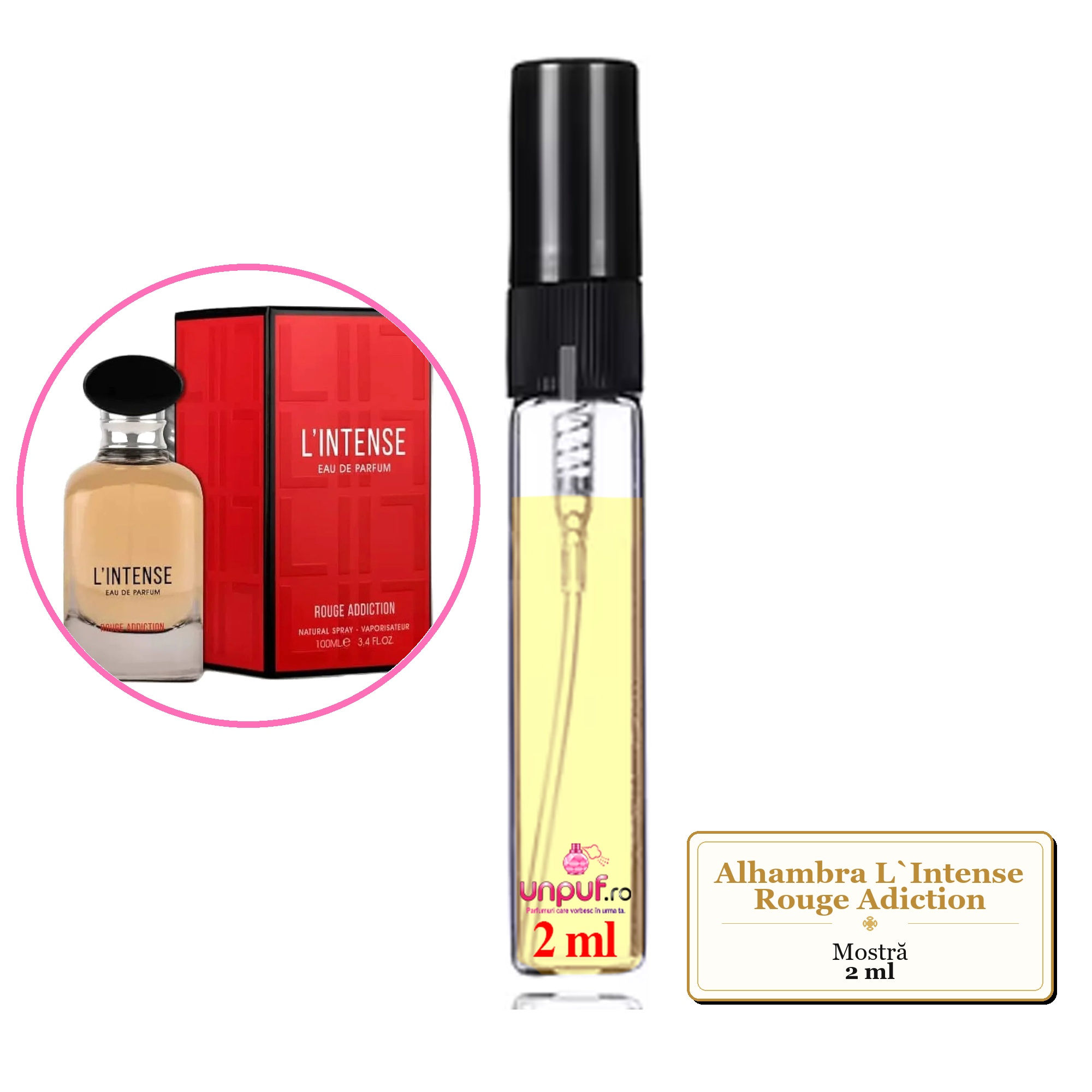 Mostra fiola din Parfumul Alhambra L`Intense Rouge Adiction, decant sticla cu pulverizator
