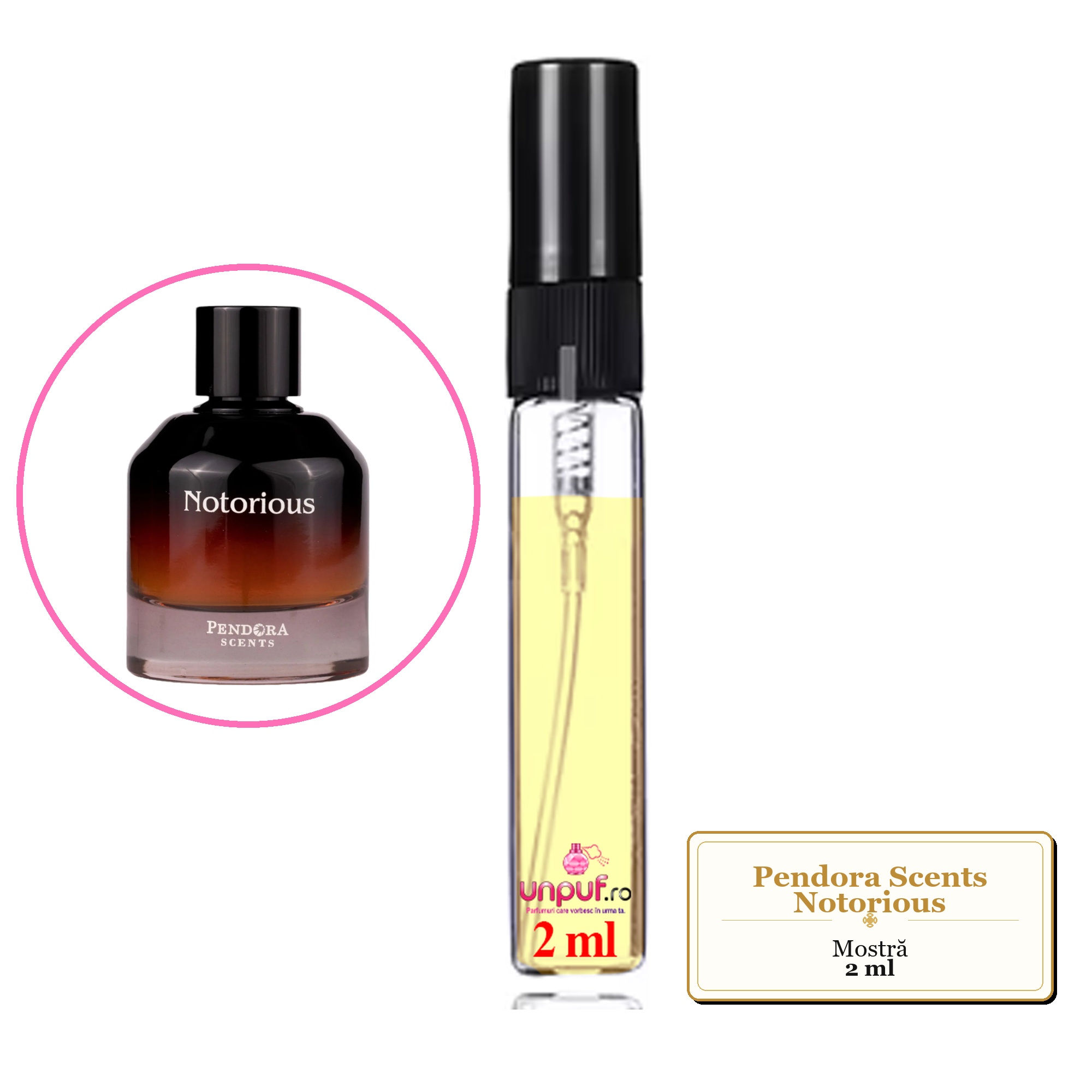 Mostra fiola din Parfumul Pendora Scents Notorious, decant sticla cu pulverizator