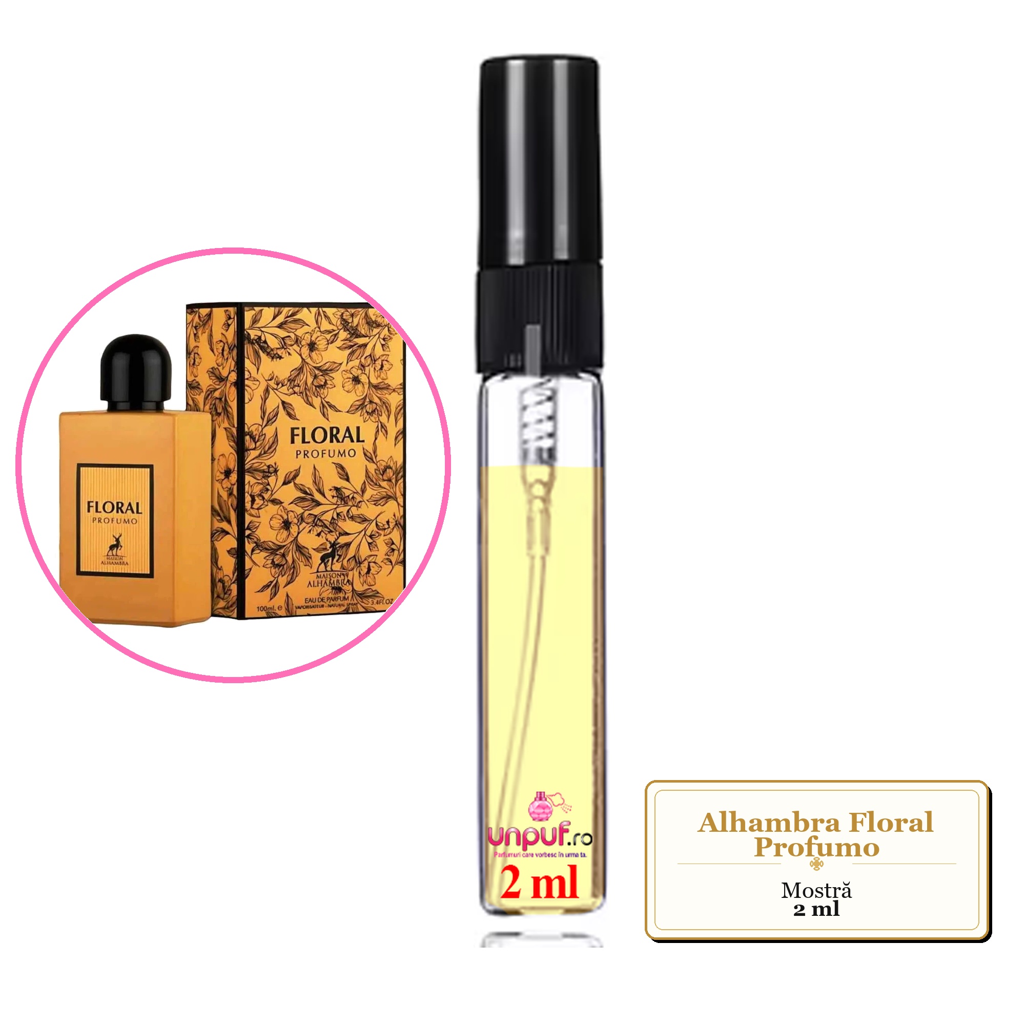 Mostra fiola din Parfumul Alhambra Floral Profumo, decant sticla cu pulverizator