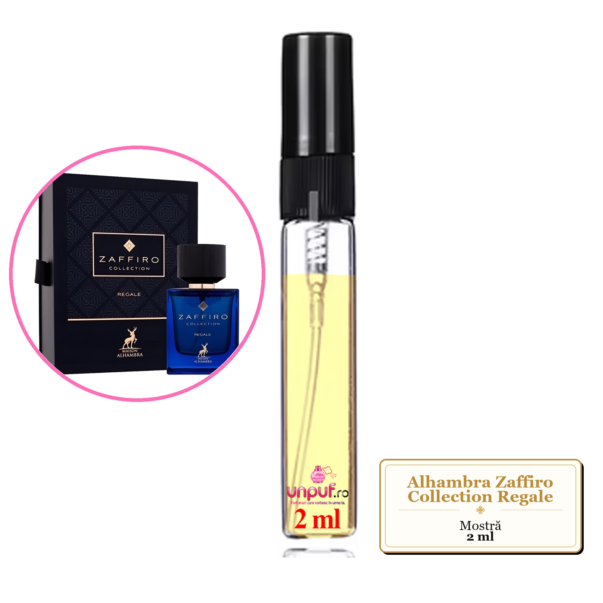Mostra fiola din Parfumul Alhambra Zaffiro Collection Regale, decant sticla cu pulverizator 