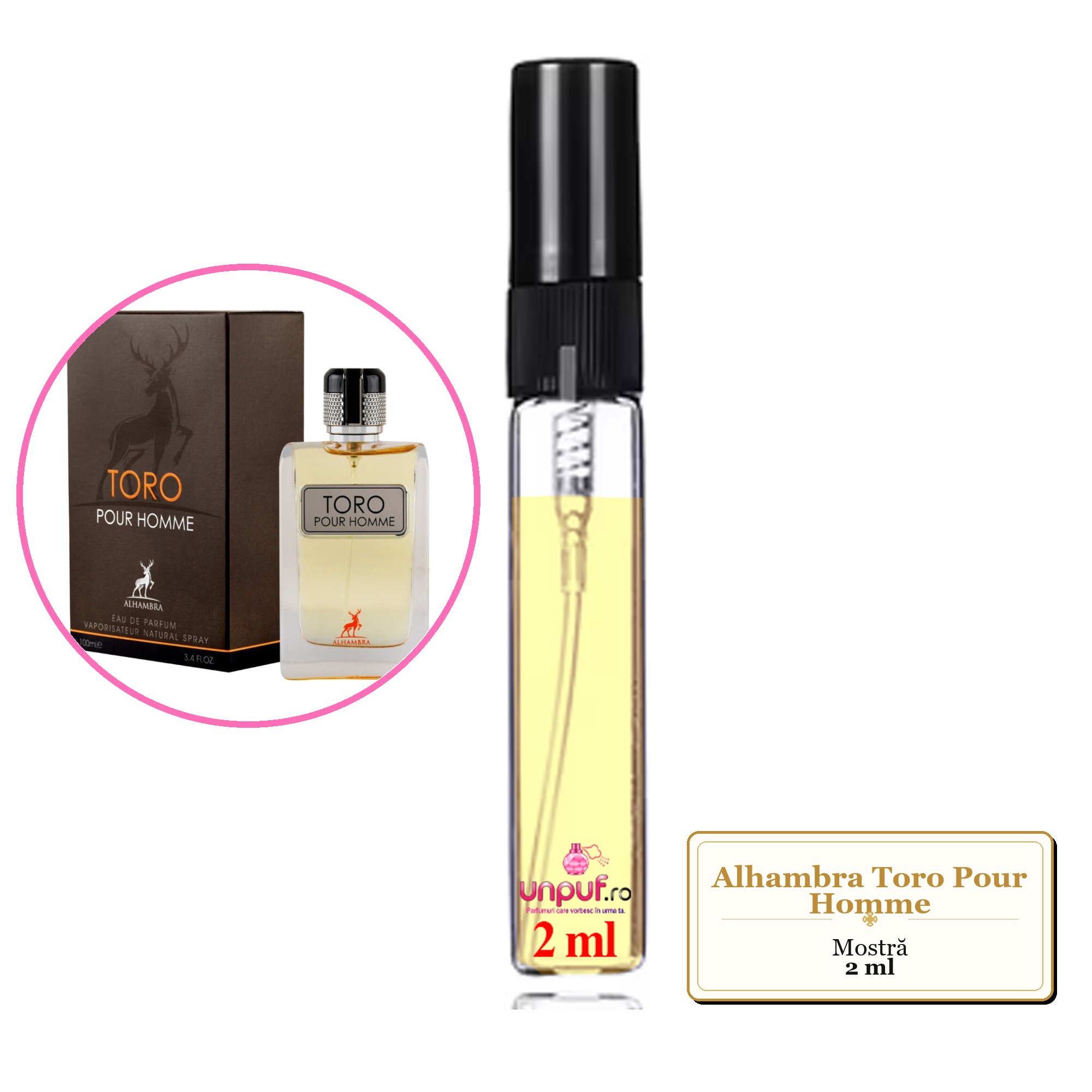 Mostra fiola din Parfumul Alhambra Toro Pour Homme, decant sticla cu pulverizator