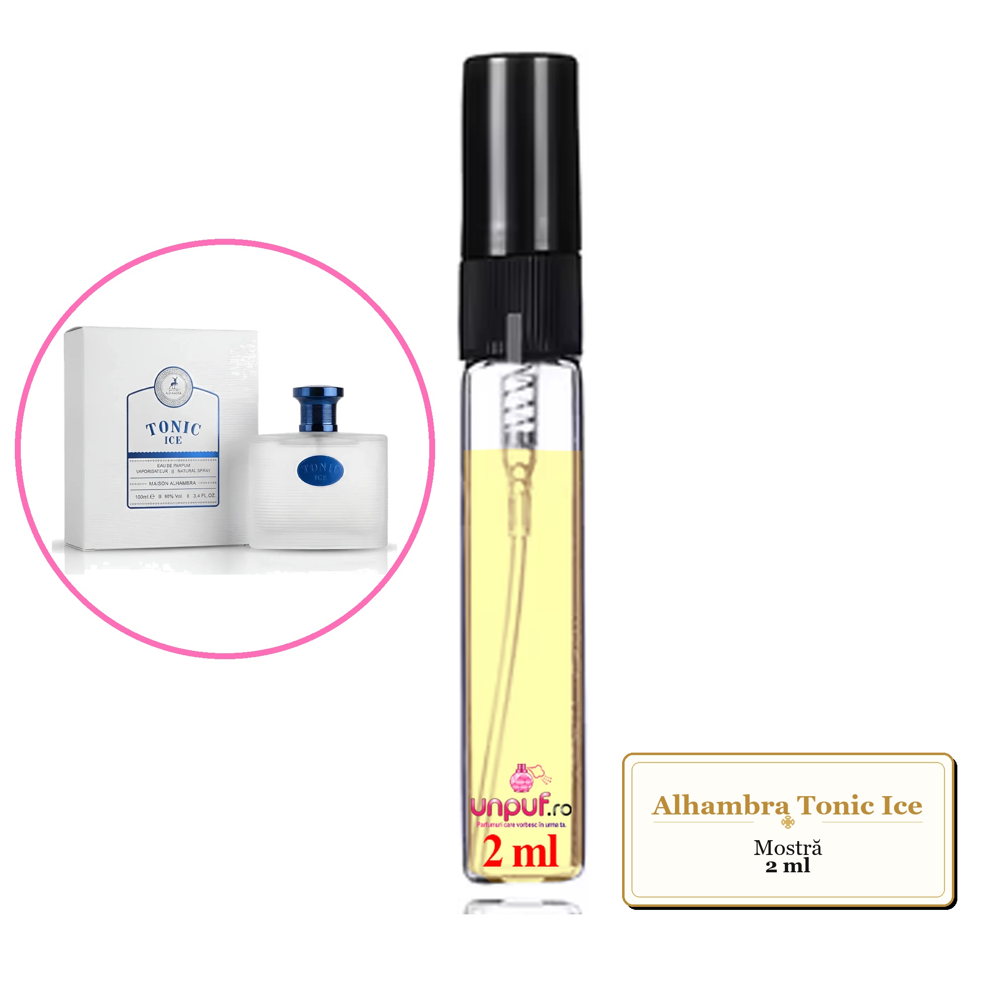 Mostra fiola din Parfumul Alhambra Tonic Ice, decant sticla cu pulverizator