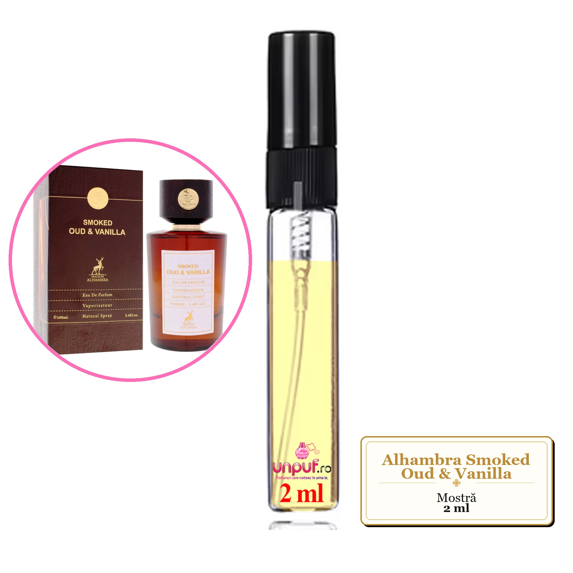 Mostra fiola din Parfumul Alhambra Smoked Oud & Vanilla, decant sticla cu pulverizator 