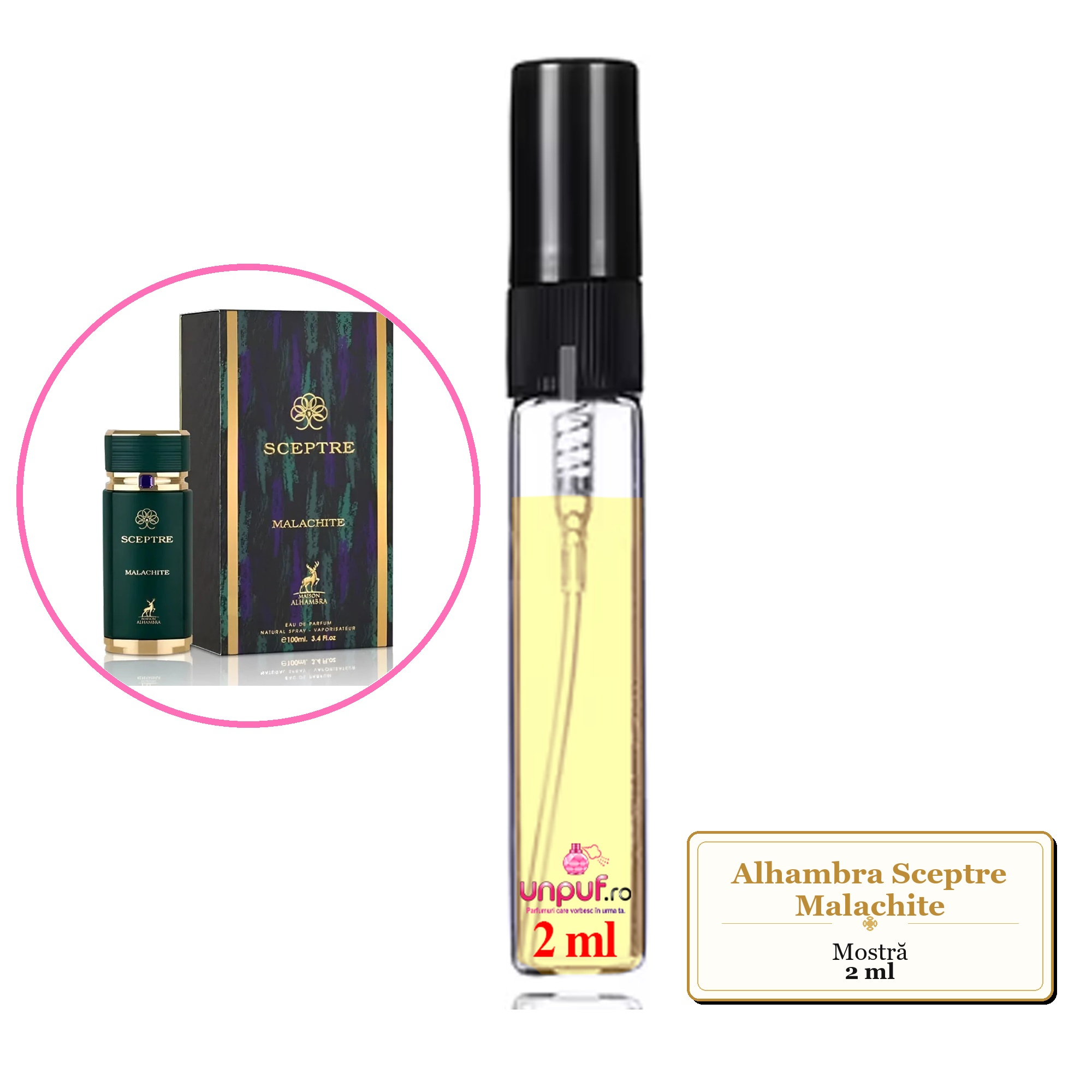 Mostra fiola din Parfumul Alhambra Sceptre Malachite, decant sticla cu pulverizator