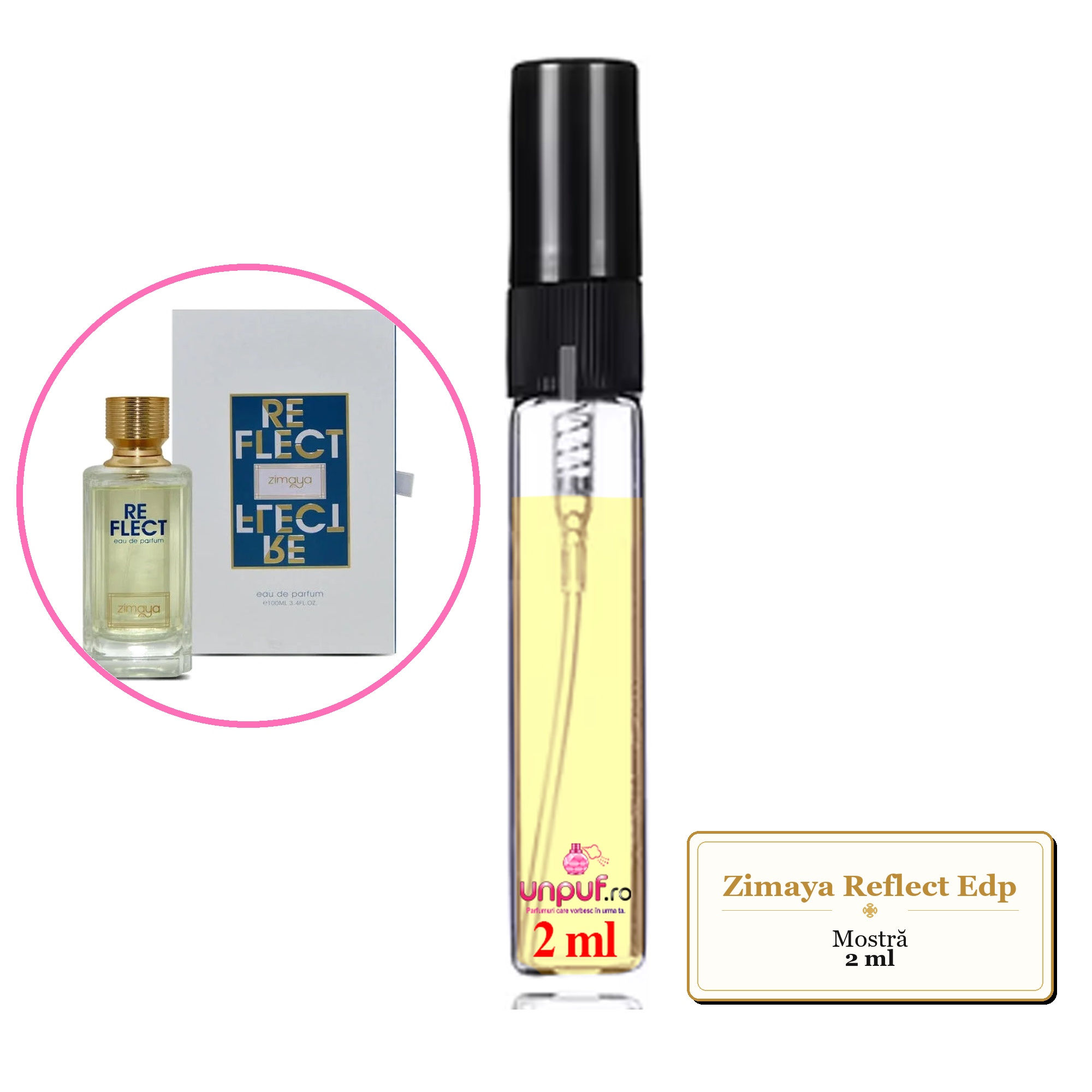 Mostra fiola din Parfumul Zimaya Reflect Edp, decant sticla cu pulverizator