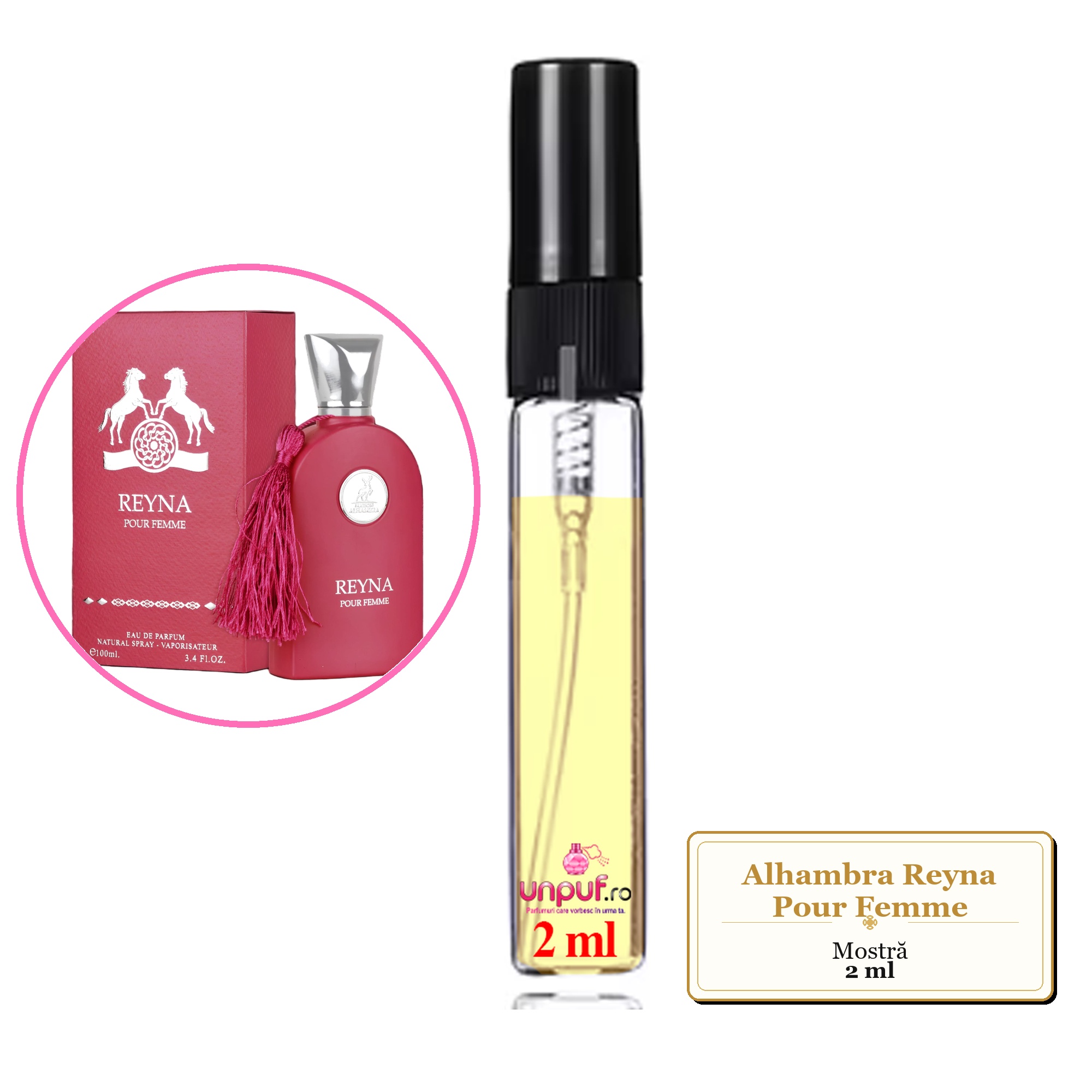 Mostra fiola din Parfumul Alhambra Reyna Pour Femme, decant sticla cu pulverizator