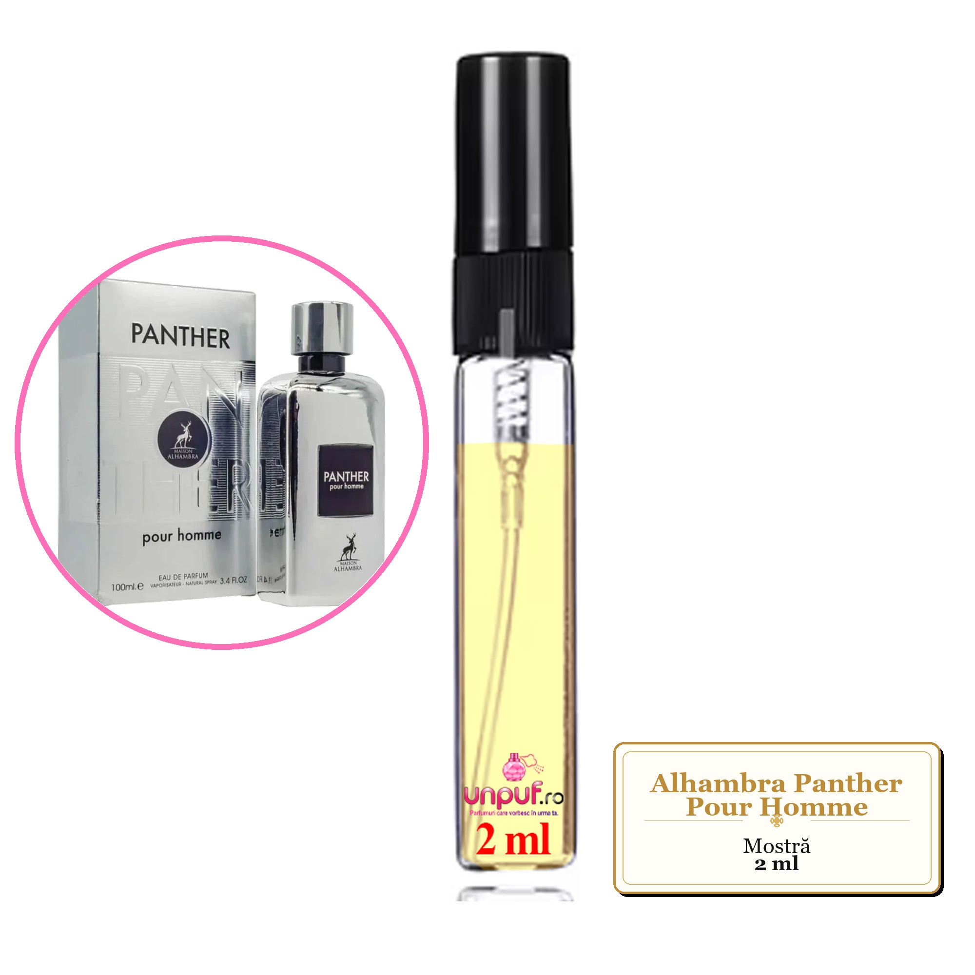 Mostra fiola din Parfumul Alhambra Panther Pour Homme, decant sticla cu pulverizator 