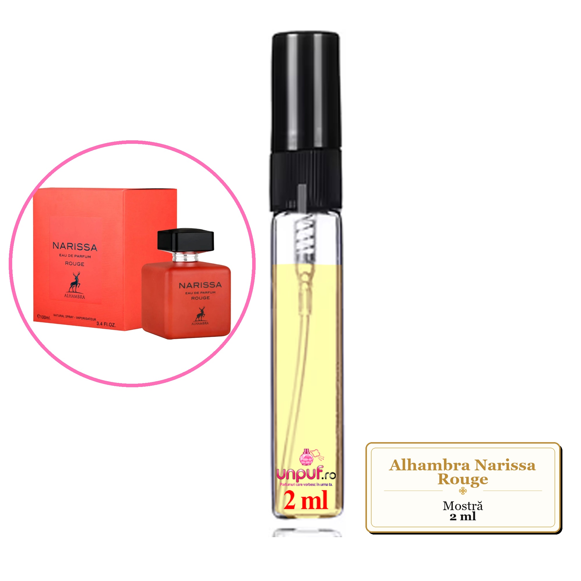 Mostra fiola din Parfumul Alhambra Narissa Rouge, decant sticla cu pulverizator 