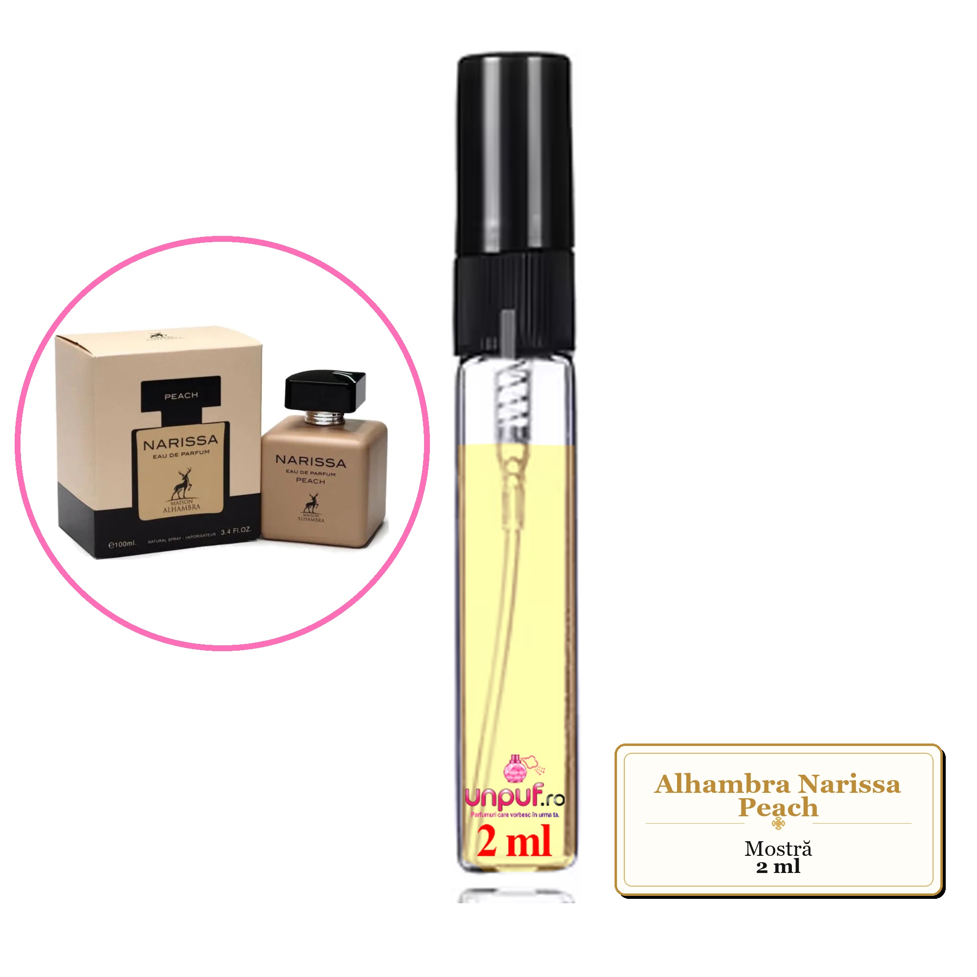 Mostra fiola din Parfumul Alhambra Narissa Peach, decant sticla cu pulverizator 