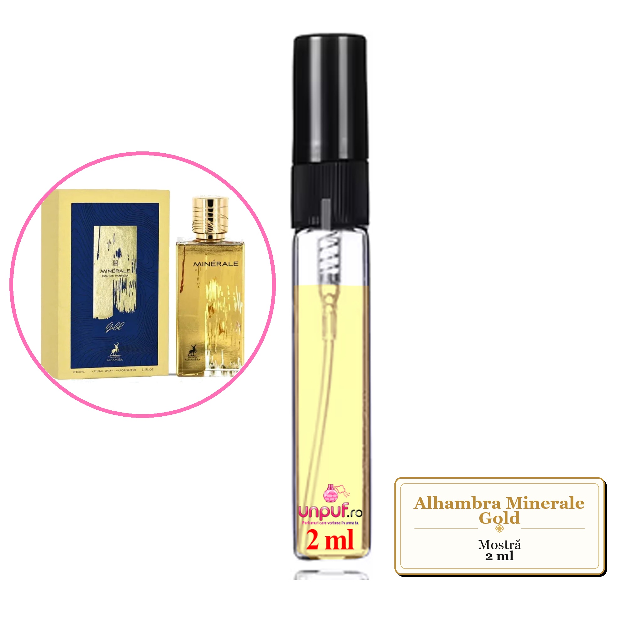 Mostra fiola din Parfumul Alhambra Minerale Gold, decant sticla cu pulverizator