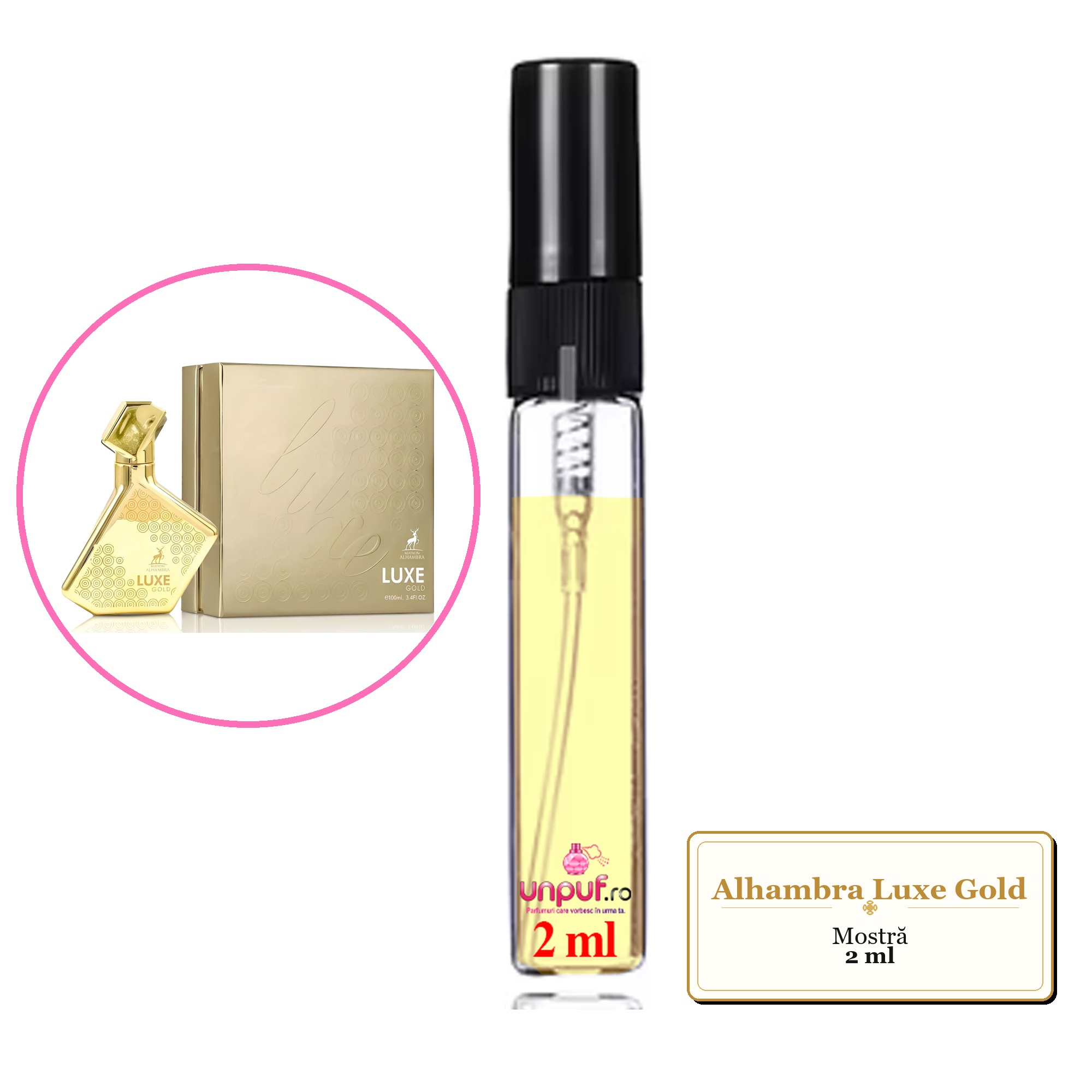 Mostra fiola din Parfumul Alhambra Luxe Gold, decant sticla cu pulverizator 