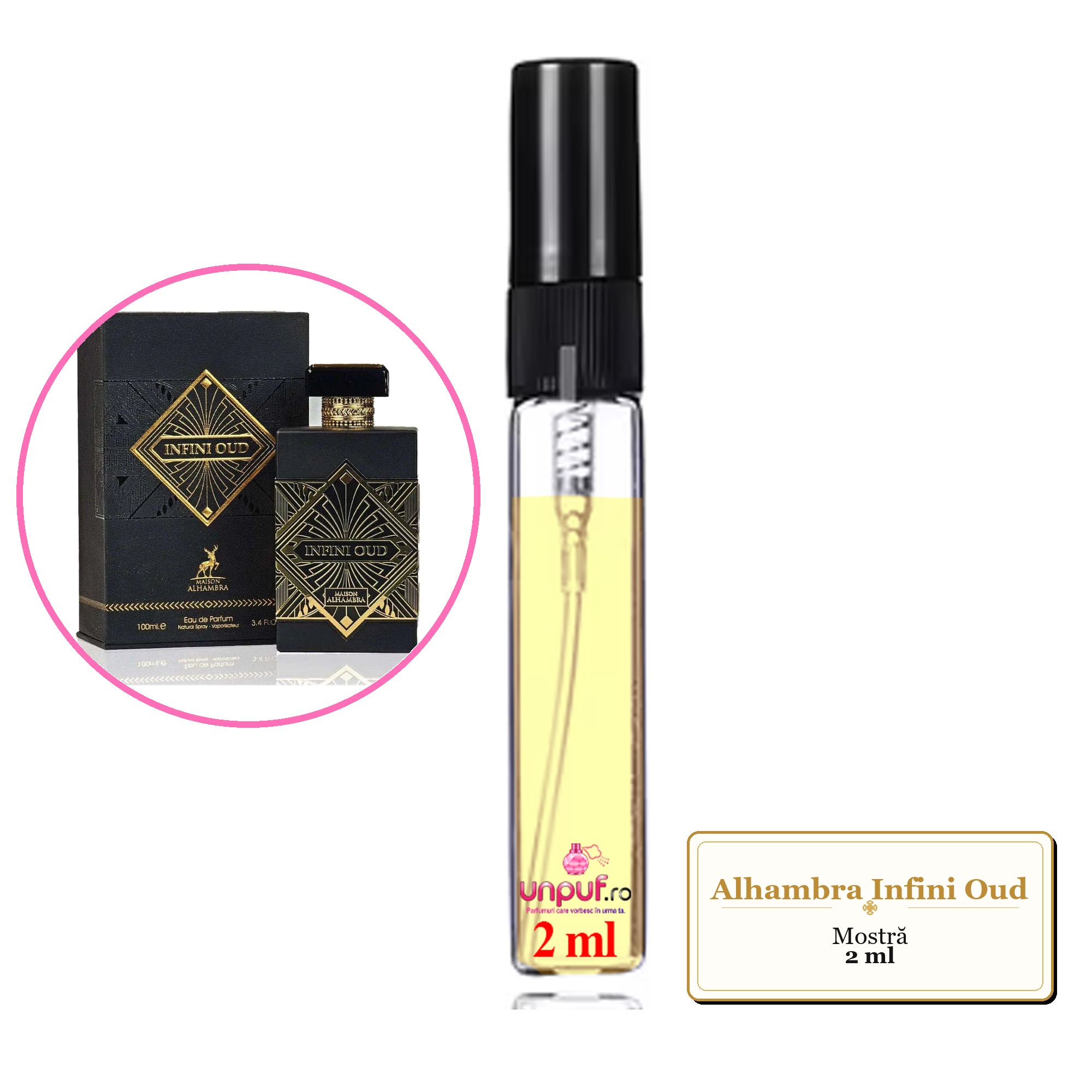 Mostra fiola din Parfumul Alhambra Infini Oud, decant sticla cu pulverizator 