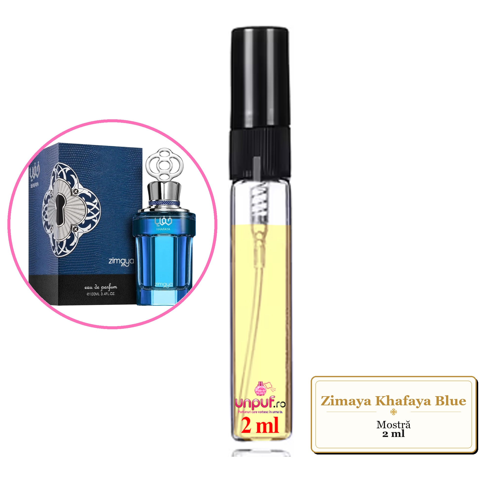 Mostra fiola din Parfumul Zimaya Khafaya Blue, decant sticla cu pulverizator 