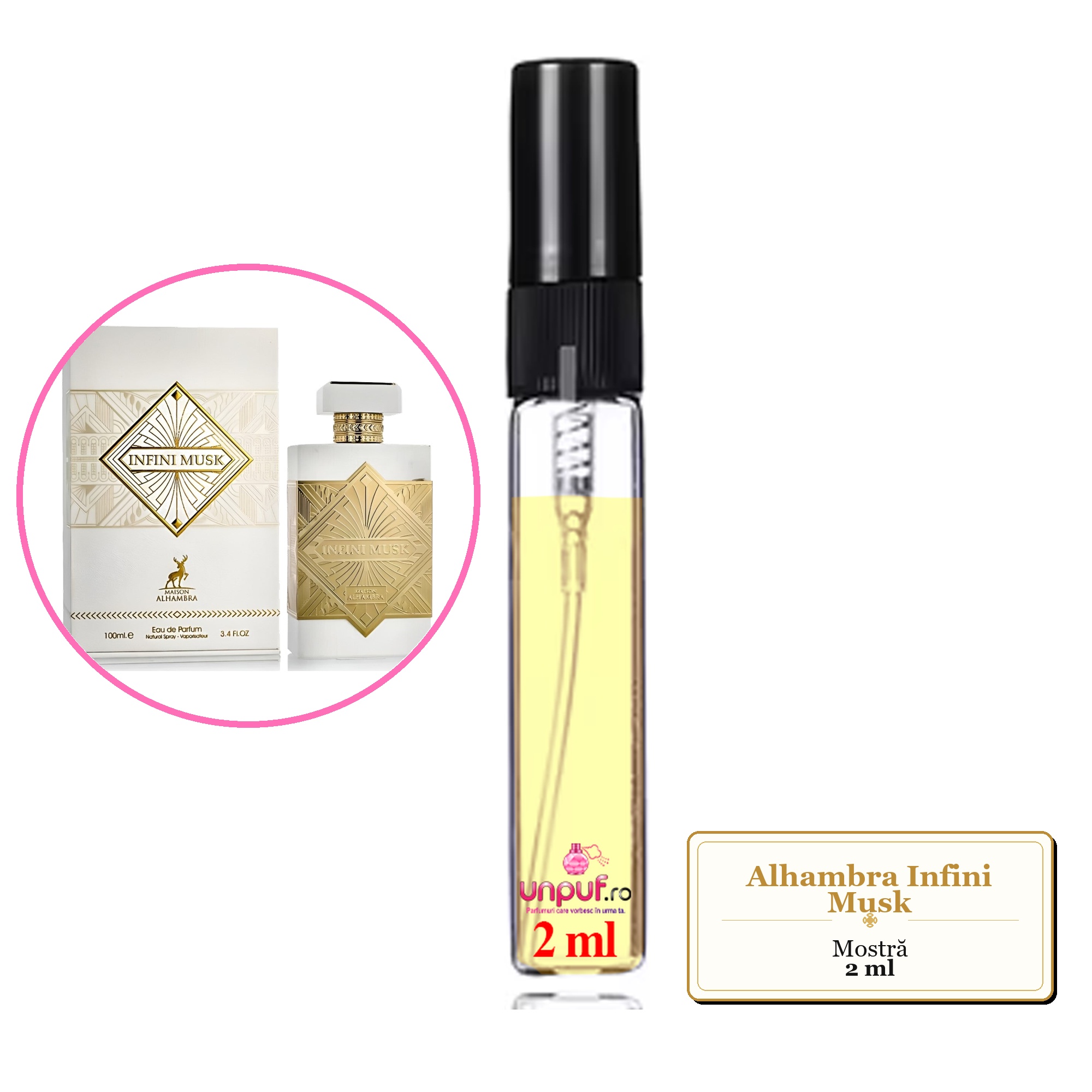 Mostra fiola din Parfumul Alhambra Infini Musk, decant sticla cu pulverizator 