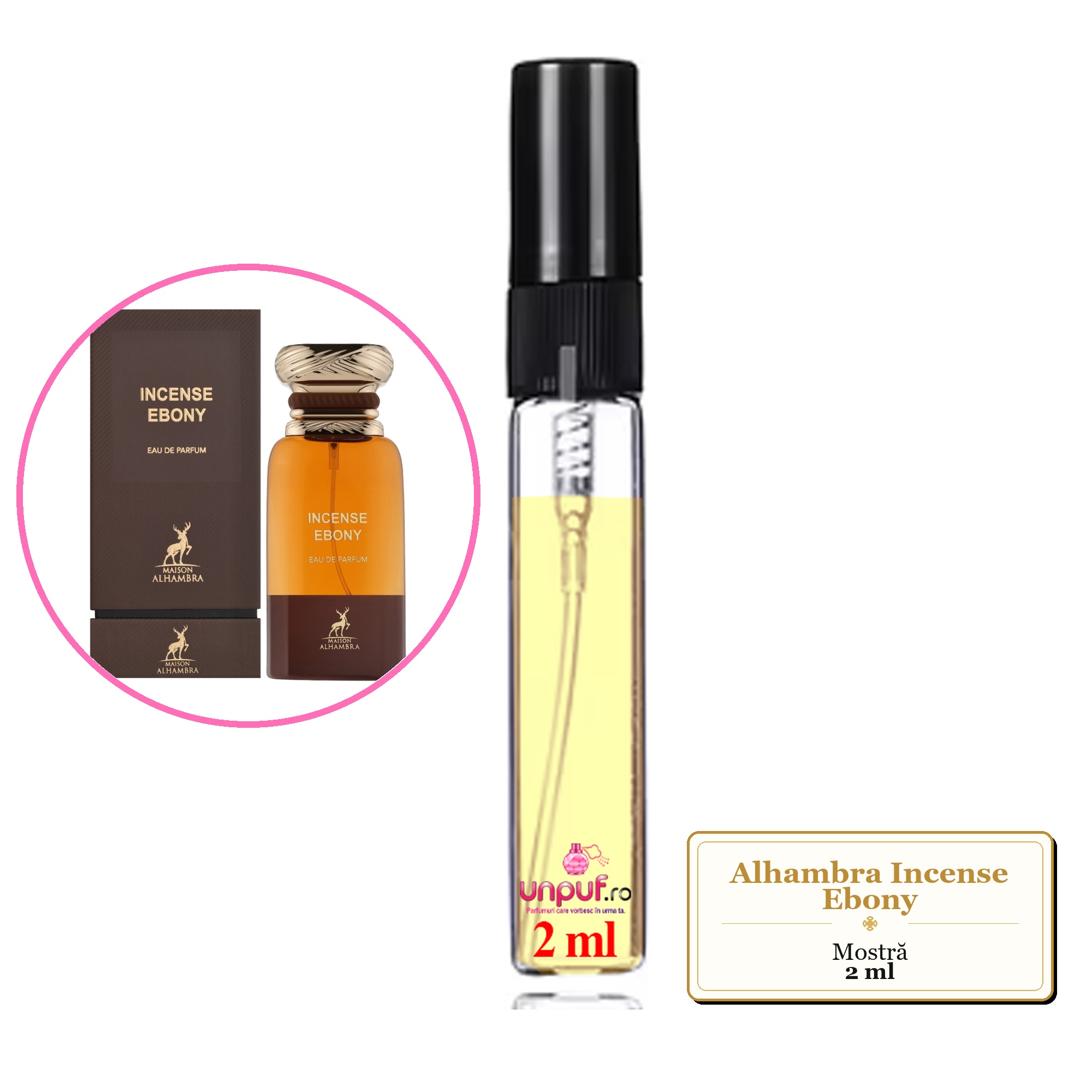 Mostra fiola din Parfumul Alhambra Incense Ebony, decant sticla cu pulverizator