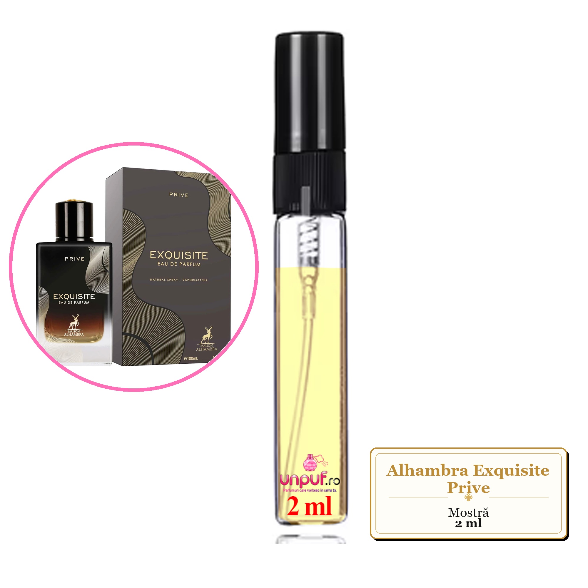 Mostra fiola din Parfumul Alhambra Exquisite Prive, decant sticla cu pulverizator 